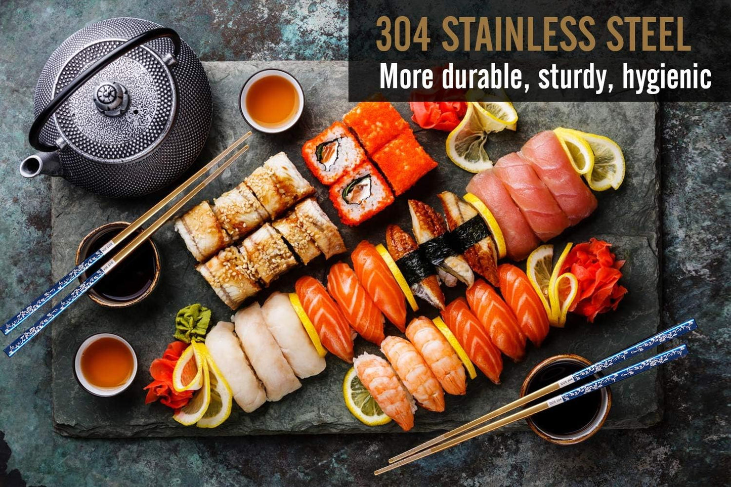 Metal Chopsticks Titanium Plated Stainless Steel Chopsticks Reusable Dishwasher safe Japanese Korean Chopstick lightweight Laser Engraved Anti-slip Chop sticks for Eating 2 Pairs Gift Set Blue Gold