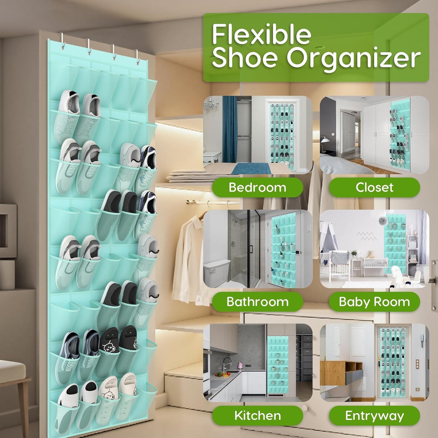 Unjumbly Over the Door Shoe Organizer with 40 Large Breathable Mesh Pockets, Space Saving Shoe Holder, Hanging Shoe Rack for Entryway Bedroom Closet Storage (Mint Blue, 40 Pockets)