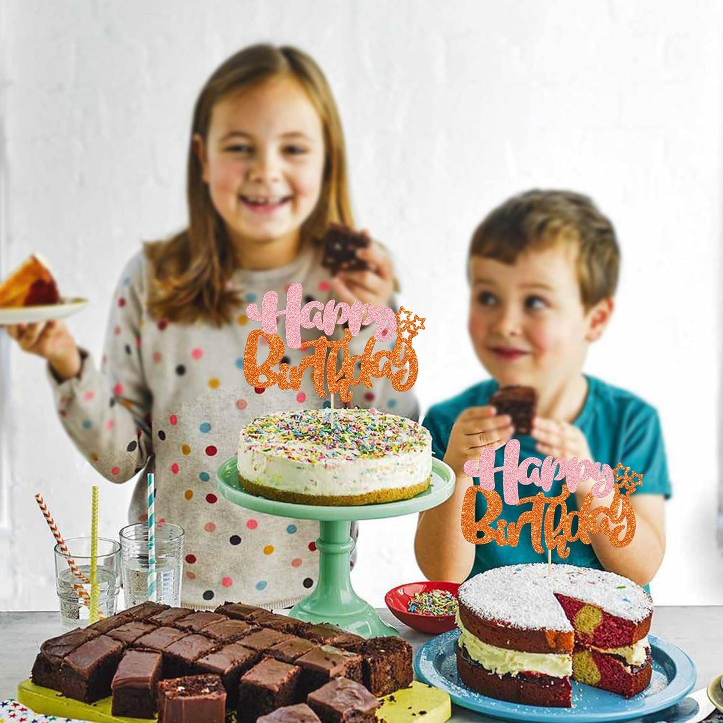 Ephlyn 1Pcs Happy Birthday Cake Topper Glitter Cake Pick for Celebrating Anniversary Party Cake Decorations Supplies Pink Orange