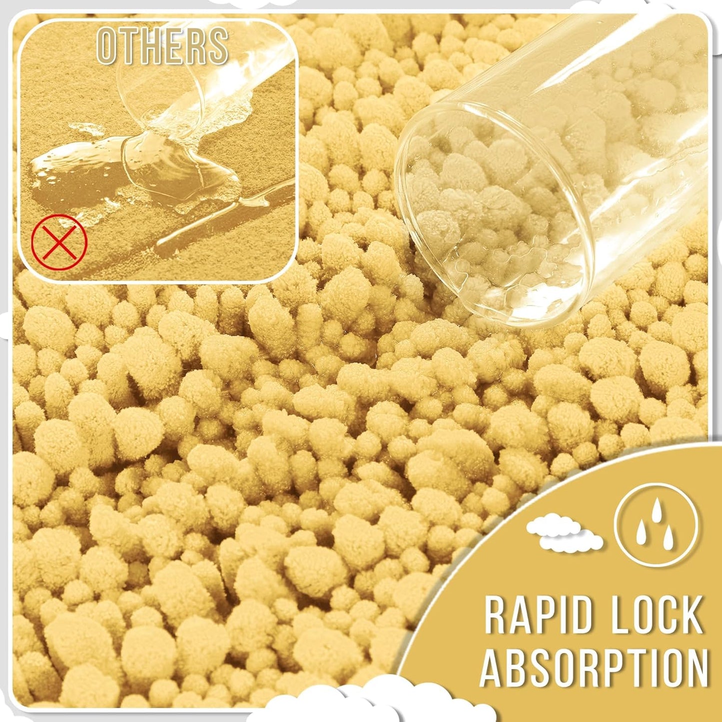 Yimobra Long Bathroom Rugs Non Slip Washable 44x24 Inch - Ultra Soft Absorbent Chenille Bath Mat, Quick Dry Shaggy Floor Carpet for Tub Shower, Yellow Home Decor Accessories