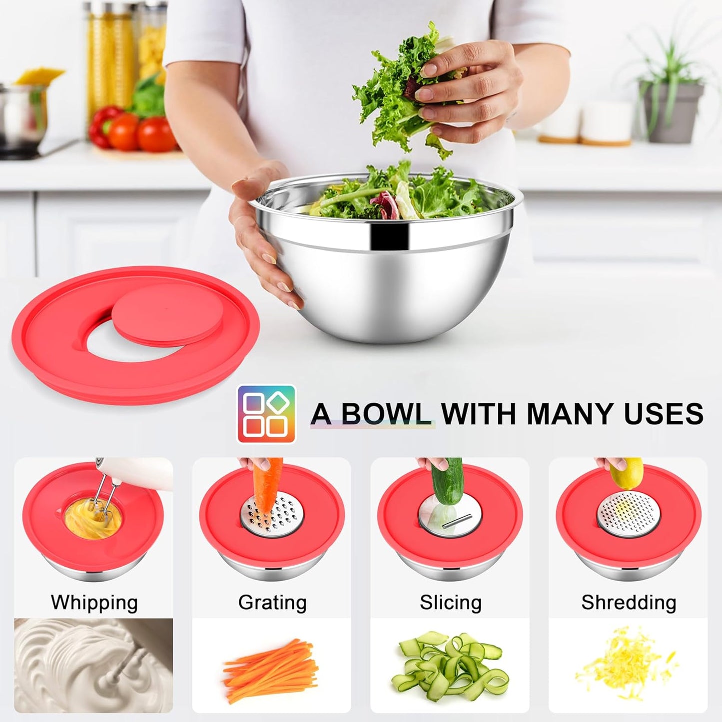 E-far Mixing Bowls with Lids Set, 7-Piece Stainless Steel Mixing Bowls with 3 Grater Attachments, Size 4.6, 3.5, 2.6, 2, 1.5, 1, 0.7QT, Nesting Design & Colorful Airtight Lid, For Baking/Prepping