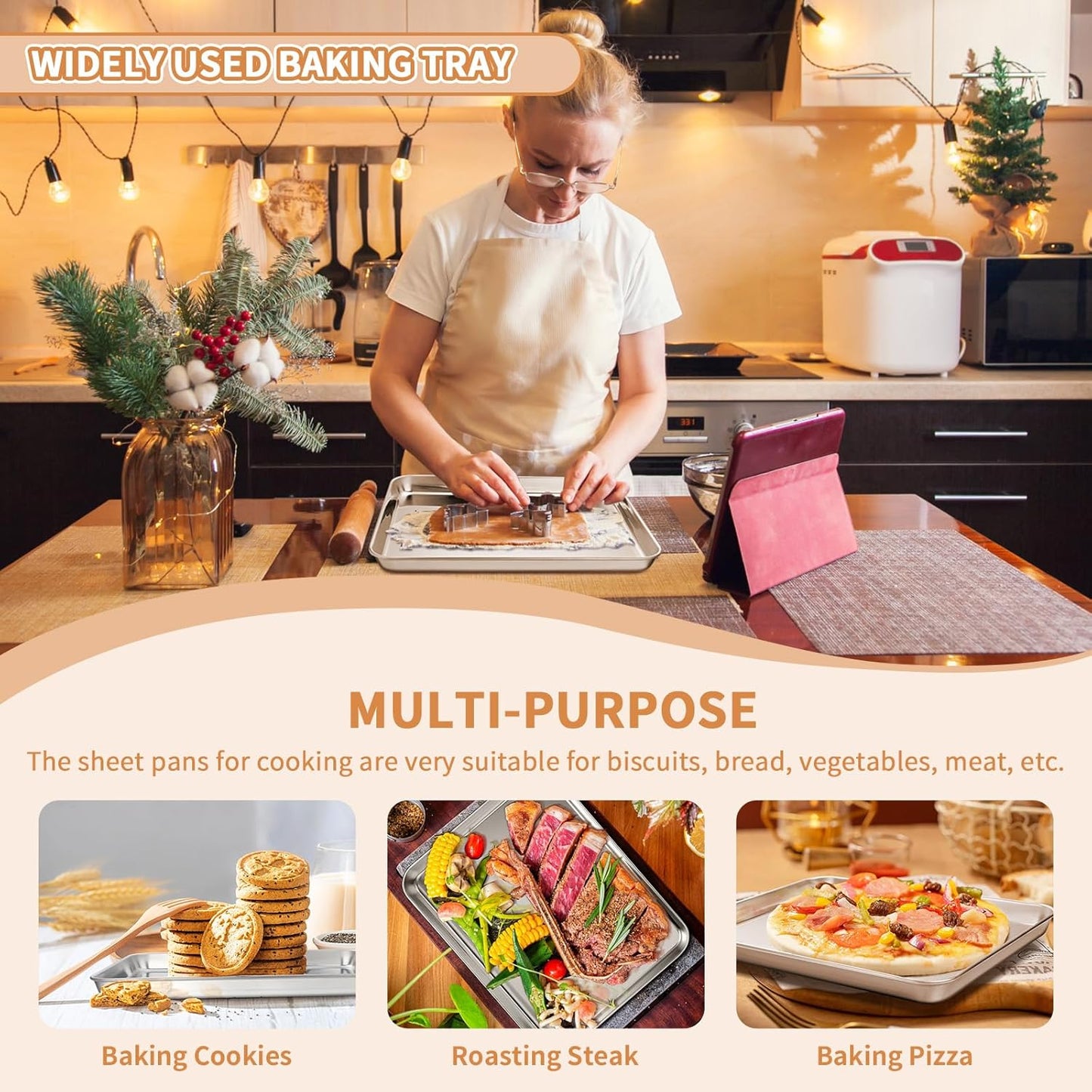 Stainless Steel Baking Sheet Set of 2, Deedro Cookie Sheet Metal Baking Pan Oven Tray, Non Toxic & Heavy Duty, Rust Free & Mirror Finish, Easy Clean & Dishwasher Safe, 12 x 10 x 1 Inch