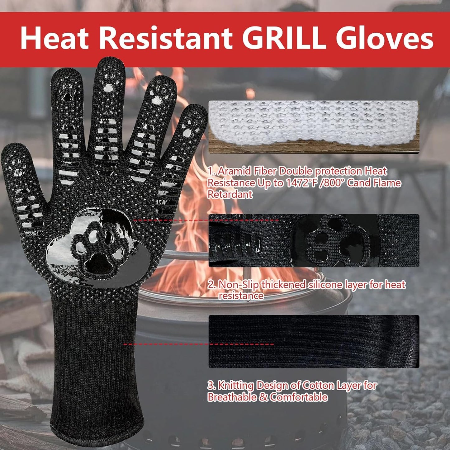 UBeesize Lengthen BBQ Gloves (Bear Paw), 1472°F Heat Resistant Grill Glove, 14 inch Fireproof Oven Gloves for Cooking, Non-Slip Fire Glove for Grilling, Barbecue, Smoker, Baking, Frying