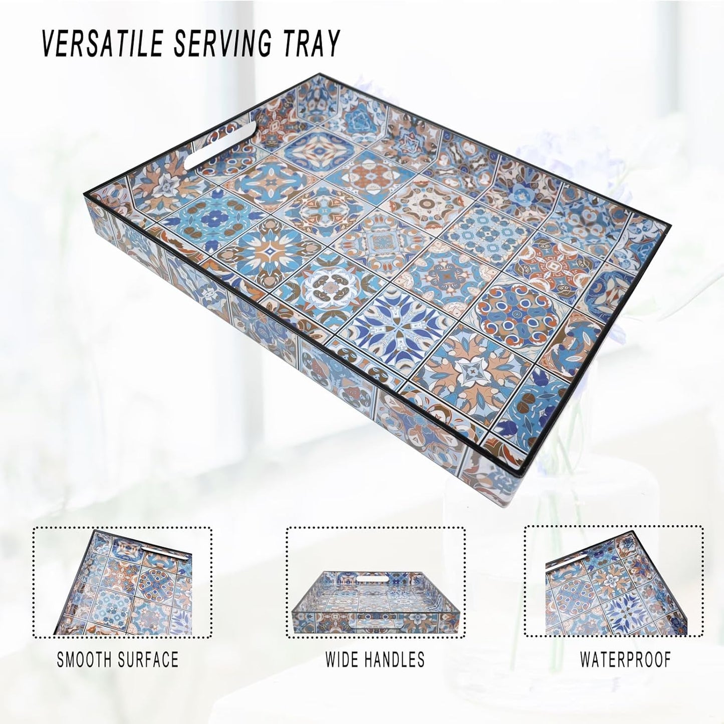 Spsyrine Serving Tray with Handles, Plastic Decorative Tray for Coffee Table, Living Room, Home Decor,Boho