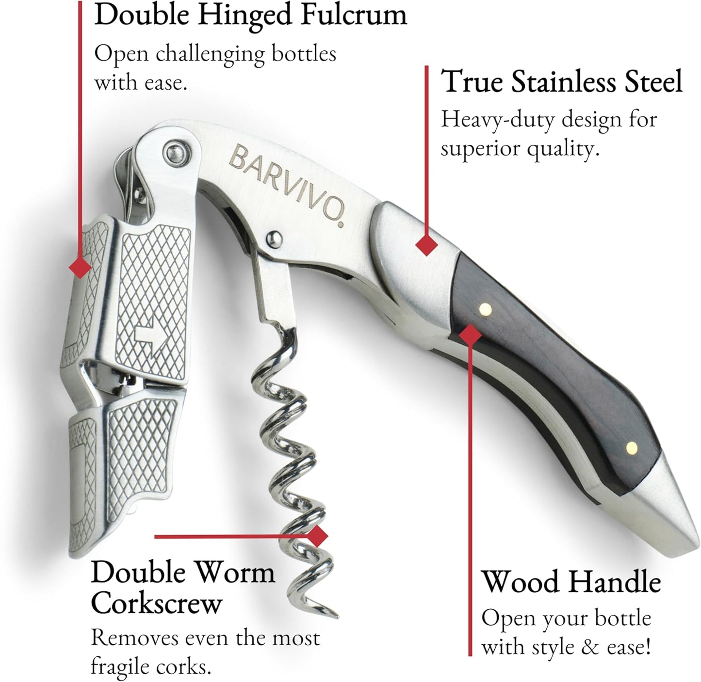 Barvivo Wine Opener with Foil Cutter and Cap Remover - Double Hinged Corkscrew for Bartenders - Stainless Steel Wine Key for Easy Bottle Opening - Manual Wine Bottle Opener - Ebony Wood, 4.7x1.2-Inch