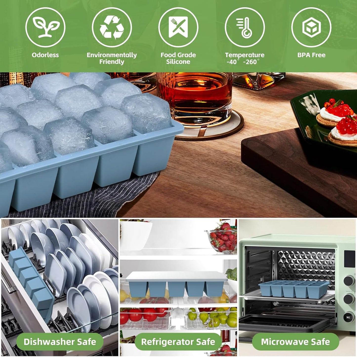 Silicone Ice Cube Tray, 2 Pack Easy-Release Stackable Ice Trays for Freezer with Lid 15 Reusable Cubes, Food Grade BPA Free Ice Molds for Whiskey, Baby Food, Coffee, Cocktail (Blue+Green)