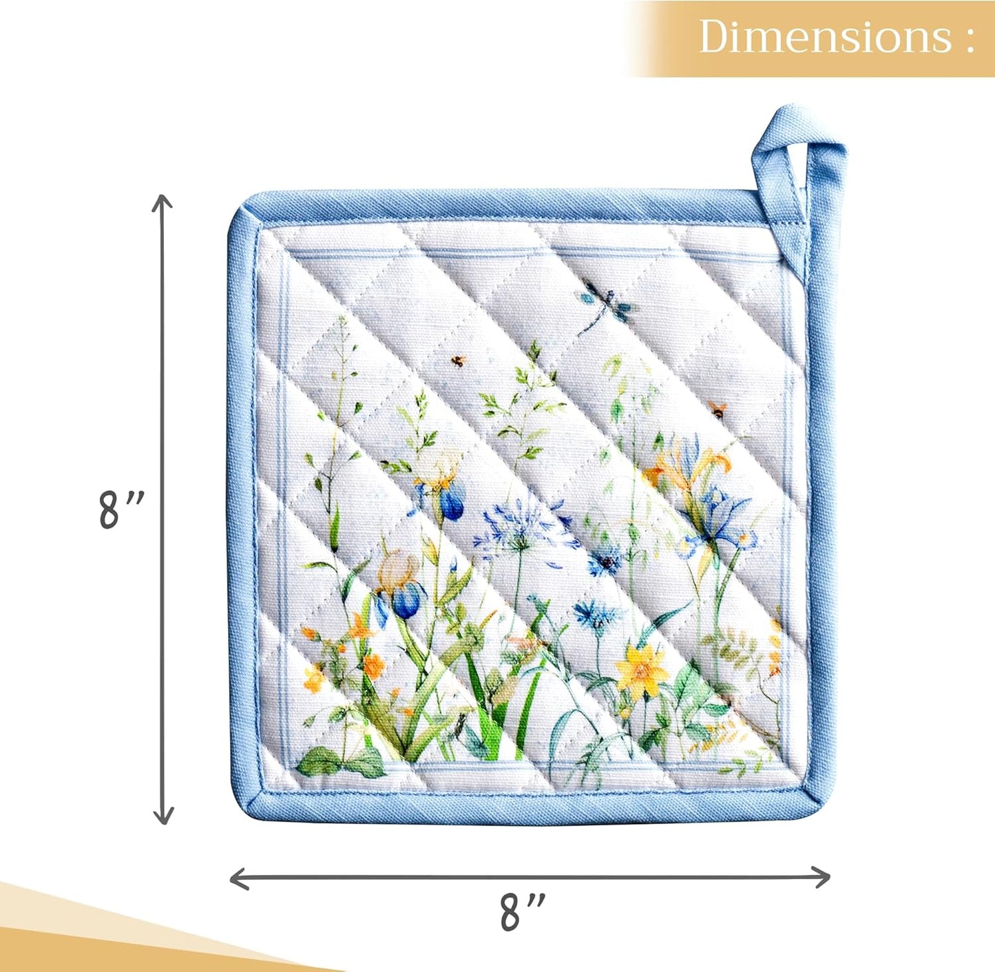 Maison d' Hermine Pot Holders Set 100% Cotton Heat Resistant Potholders 8" x 8" Hot Pads with Loop BBQ, Cooking, Baking, Grilling, Kitchen, Handling Hot Pans Spring/Summer (Pack of 2, Fleurs De Mai)