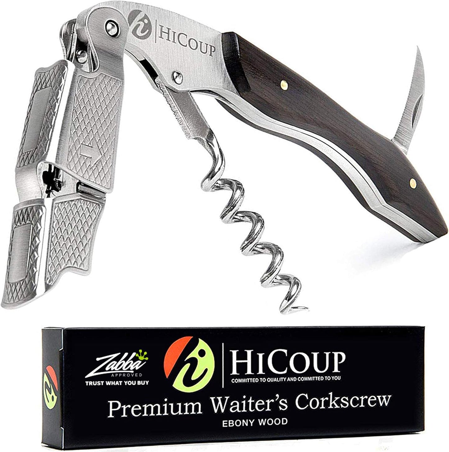 Hicoup Wine Opener - Professional Corkscrews for Wine Bottles w/Foil Cutter and Cap Remover - Manual Wine Key for Servers, Waiters, Bartenders and Home Use - Stainless Steel w/Ying Yang Resin Inlay