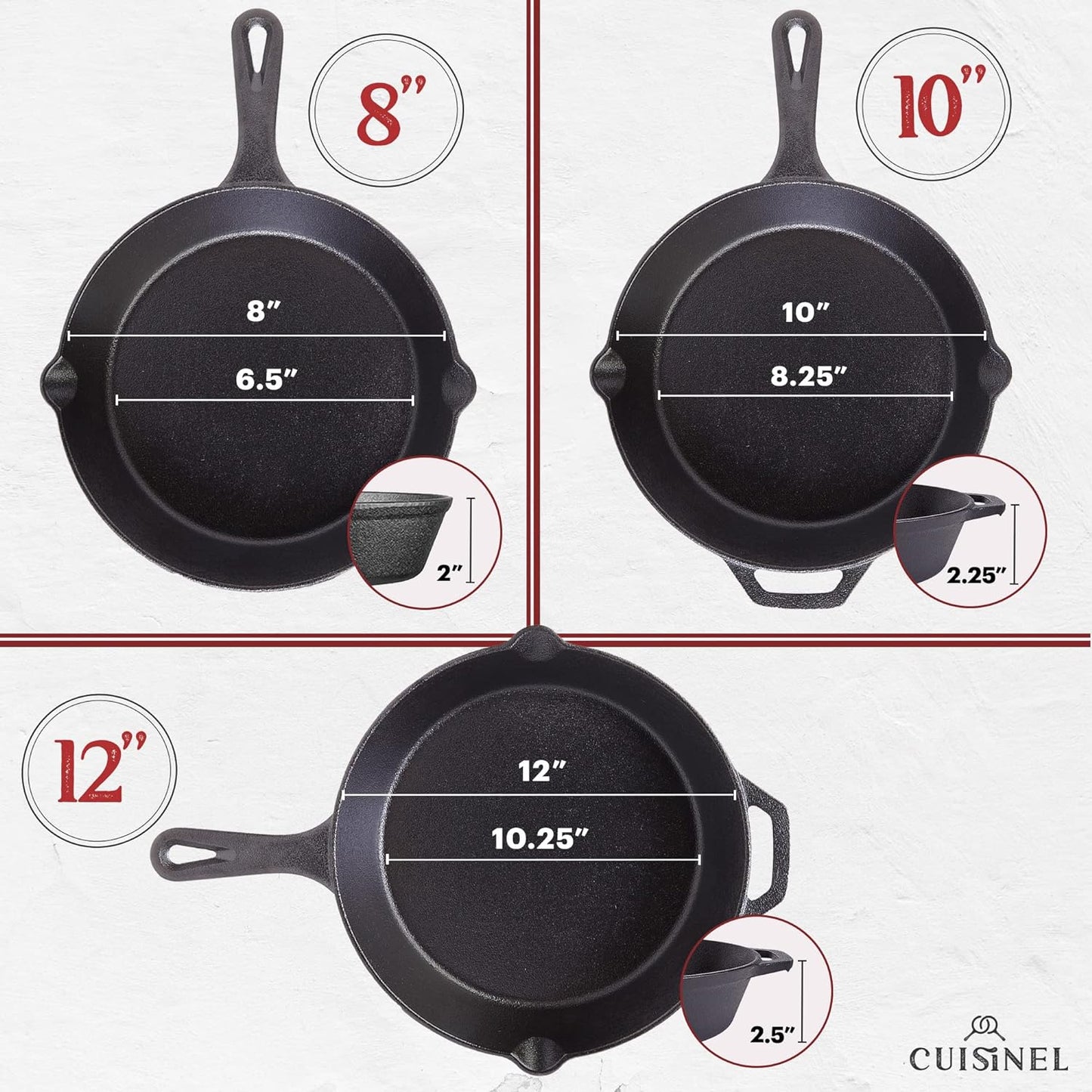 Cuisinel Cast Iron Skillets Set with Lids - 8"+10"+12"-inch Pre-Seasoned Covered Frying Pan Set + Silicone Handle and Lid Holders + Scraper/Cleaner - Use Cookware Indoor/Outdoor, Oven, Stovetop, Fire