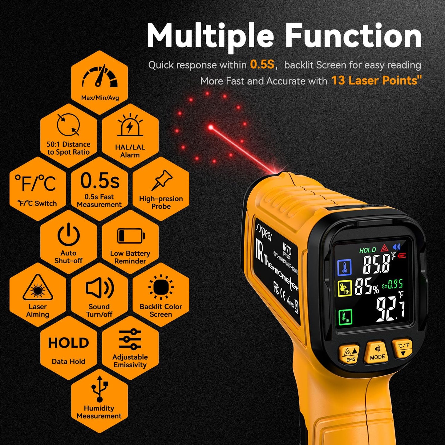 50:1 Infrared Thermometer IR Laser Gun, -58°F to 1796°F, Digital Temperature Gun/K-Type Probe -4°F to 932°F & Humidity Sensor for Cooking, Pizza Oven BBQ HVAC Home-Industrial Use