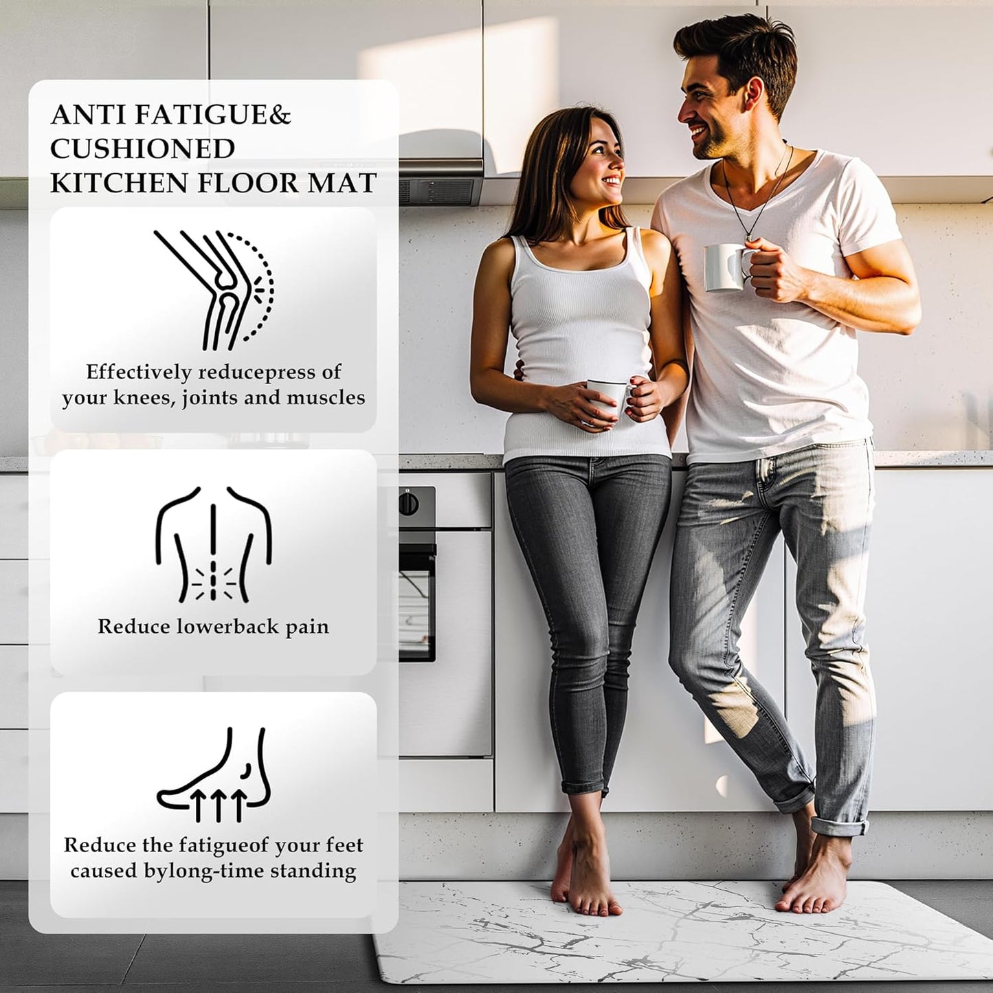 Silver Foil Stamped Marble Kitchen Mats for Floor 2PCS Cushioned Anti Fatigue Non Slip Waterproof Comfort Leather Kitchen Rugs 2/5 Inch PVC Kitchen Mats for Sink, Laundry, 17.3"x28"+17.3"x47",White