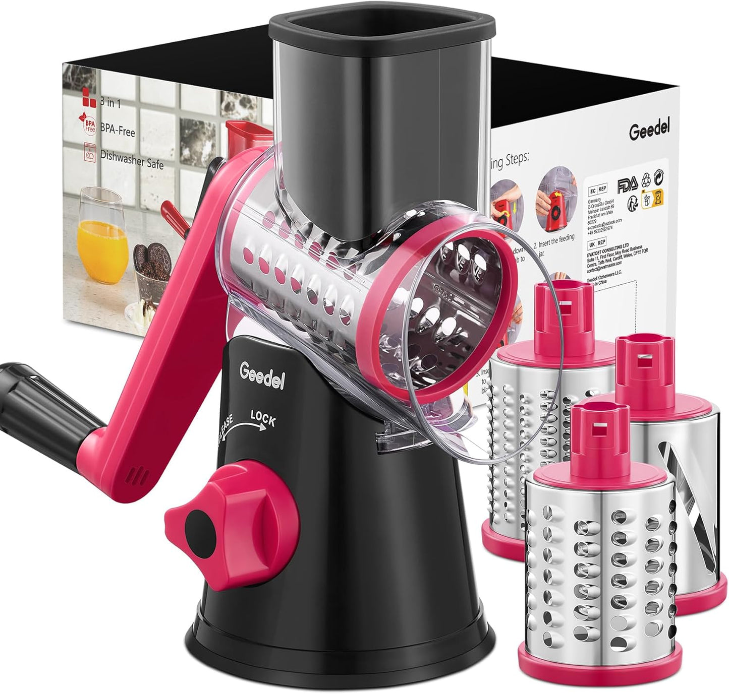 Geedel Rotary Cheese Grater, Kitchen Mandoline Vegetable Slicer with 3 Interchangeable Blades, Easy to Clean Rotary Grater Slicer for Fruit, Vegetables, Nuts