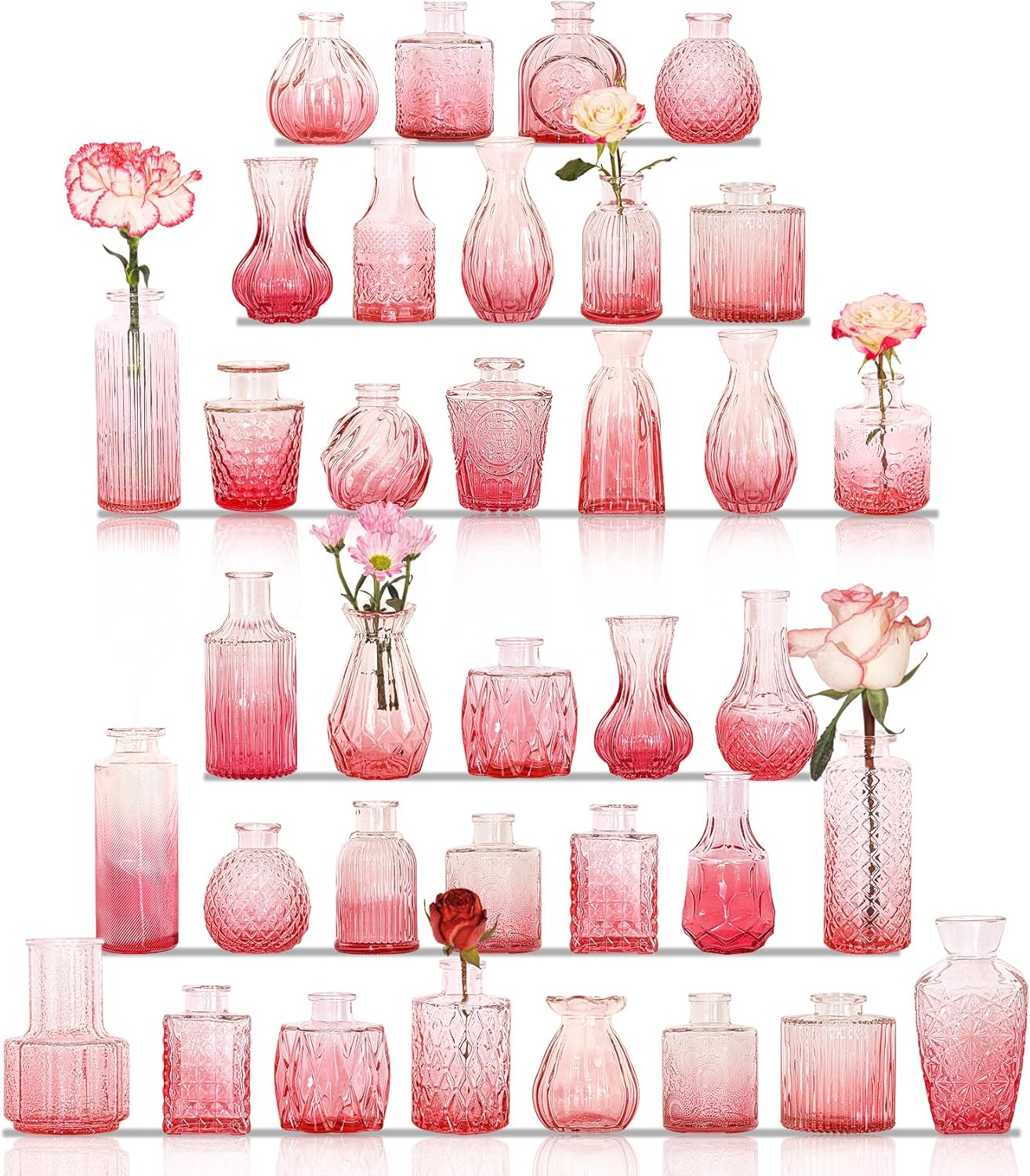 36Pcs Bud Vases Set Small Vintage Glass Bottles Pink Bud Vases in Bulk Multiple Shape Cute Glass Vases for Rustic Wedding Centerpieces Table Decorations and Home Decor(Pink)