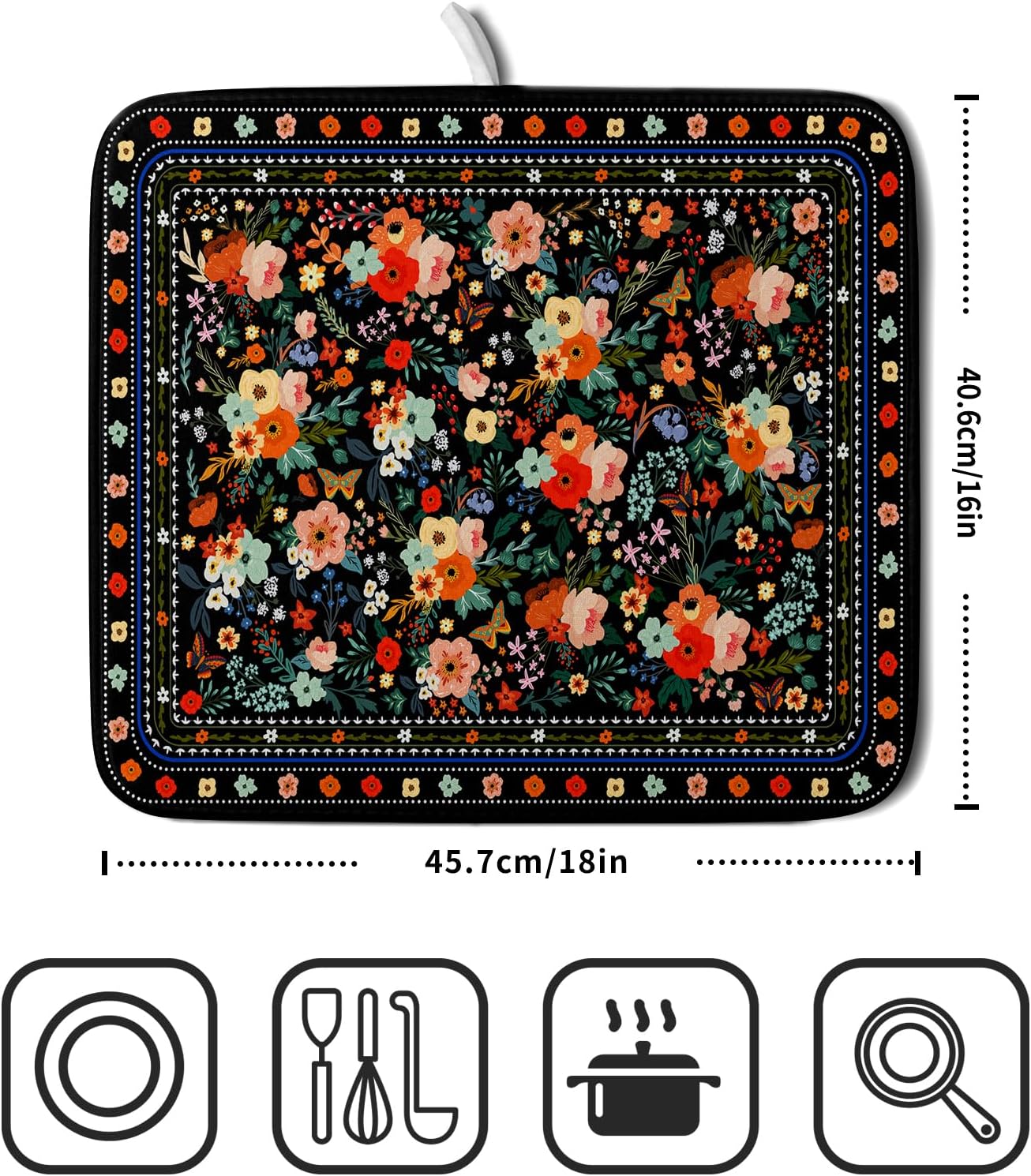 Black Flowers Dish Drying Pad Boho Floral Washable Microfiber Kitchen Mat for Home Decor