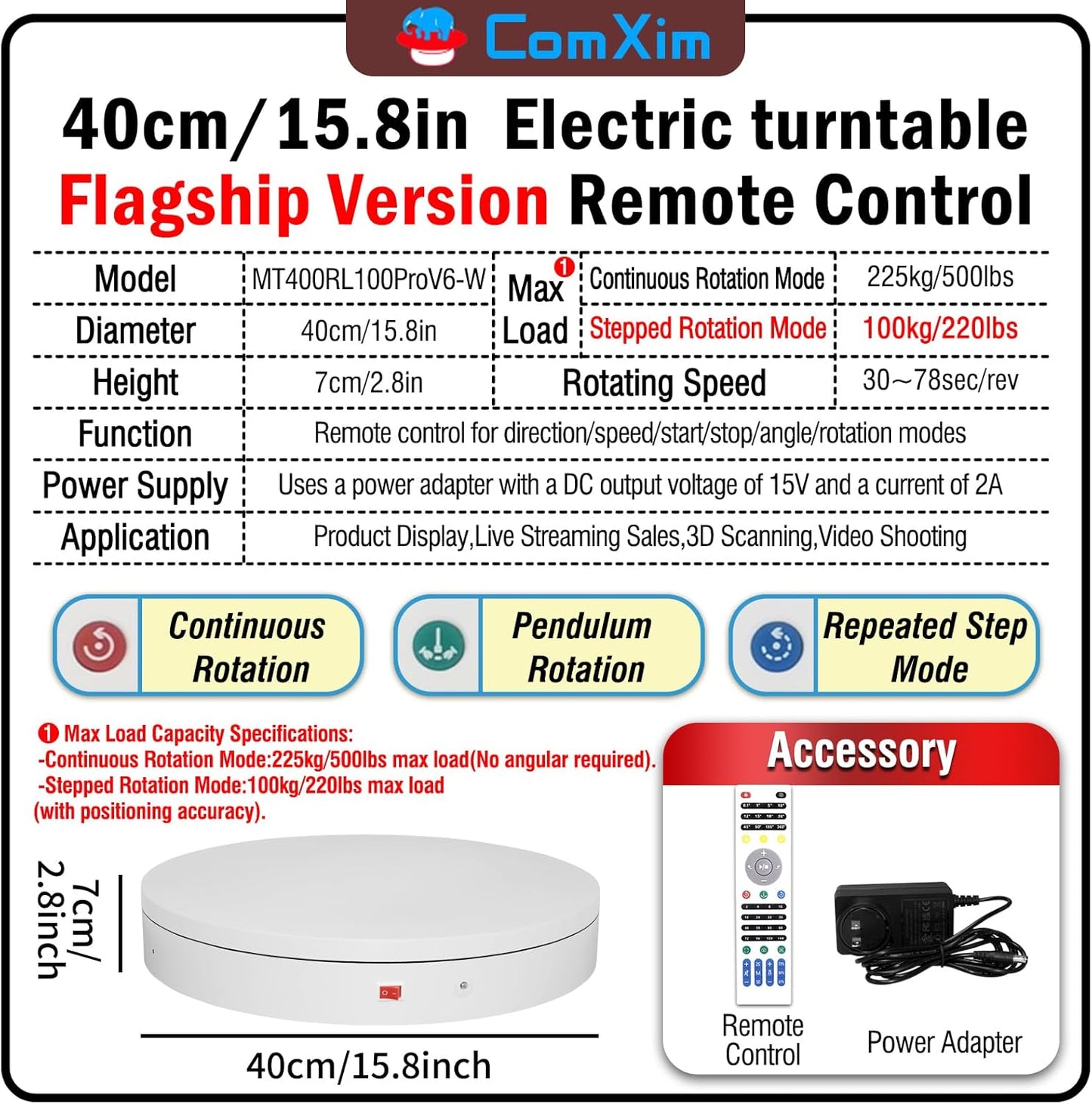15.8In Remote Motorized electric turntable Rotating platform Photography Turntable Motorized lazy susan Base giratoria para for Photography,3D Scanner,Heavy duty display(Load Range:220~500lbs)