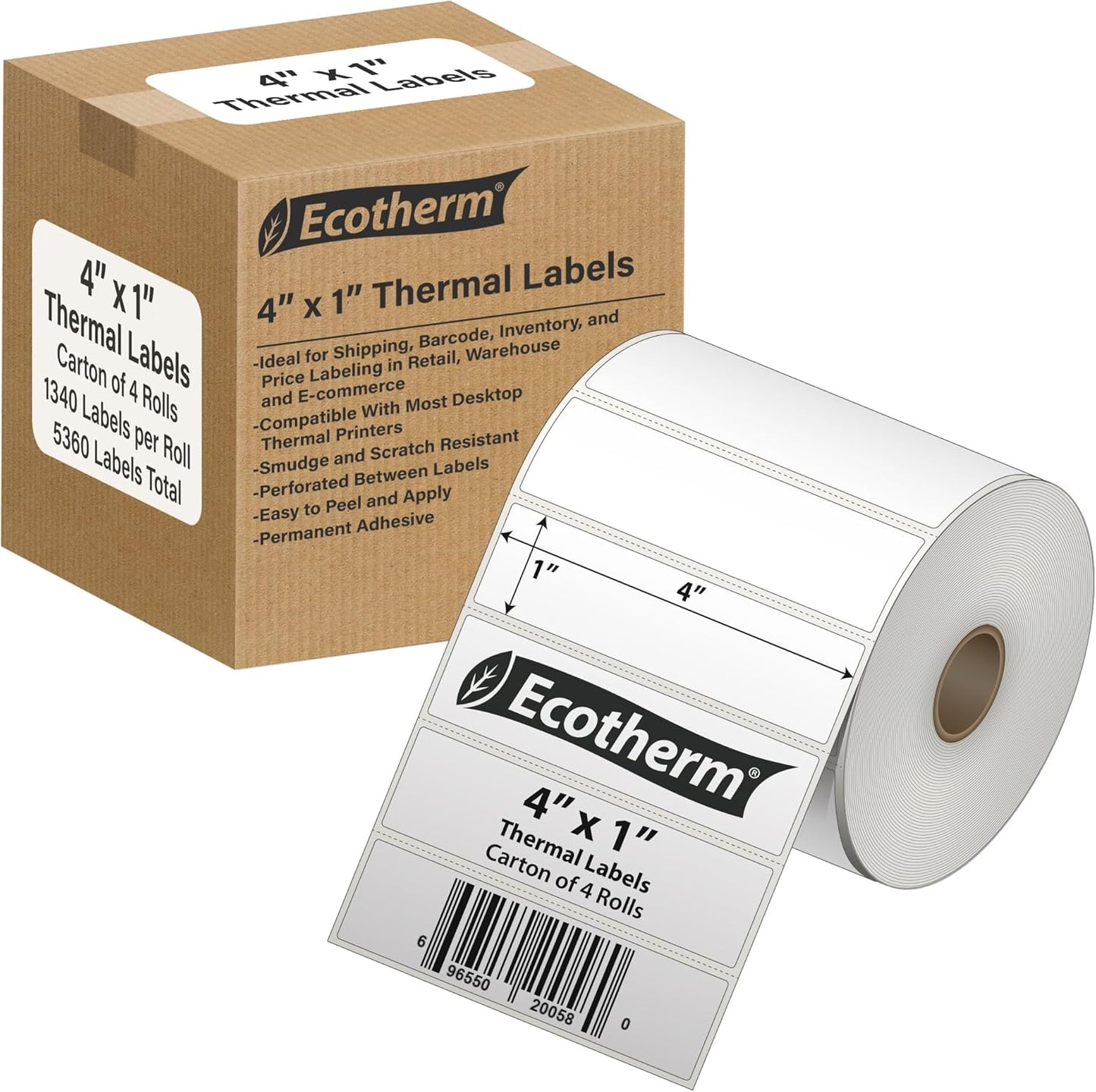 4" x 1" Thermal Labels | 4 Rolls | 5360 Labels | fits Zebra, Munbyn, Rollo, Godex, Arkscan, iDPRT, Offnova Thermal Label Printers and More | Blank White Adhesive Stickers by Ecotherm