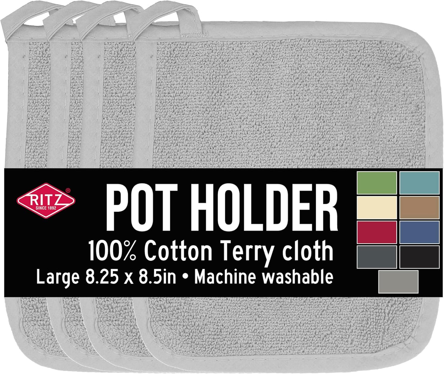 RITZ Terry Potholder & Hot Pad: Unparalleled Heat Resistant, Durable 100% Cotton – Ergonomically Designed for Optimal Grip – Easy-Care Machine Washable – 4-Pack, Titanium Grey