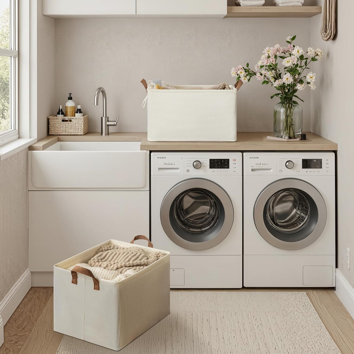 StorageWorks Storage Bins, Shelves Baskets for Organizing, 45L Extra Large Fabric Closet Organizers with Handles, Metal Frame, Beige（Texture）, 2-Pack