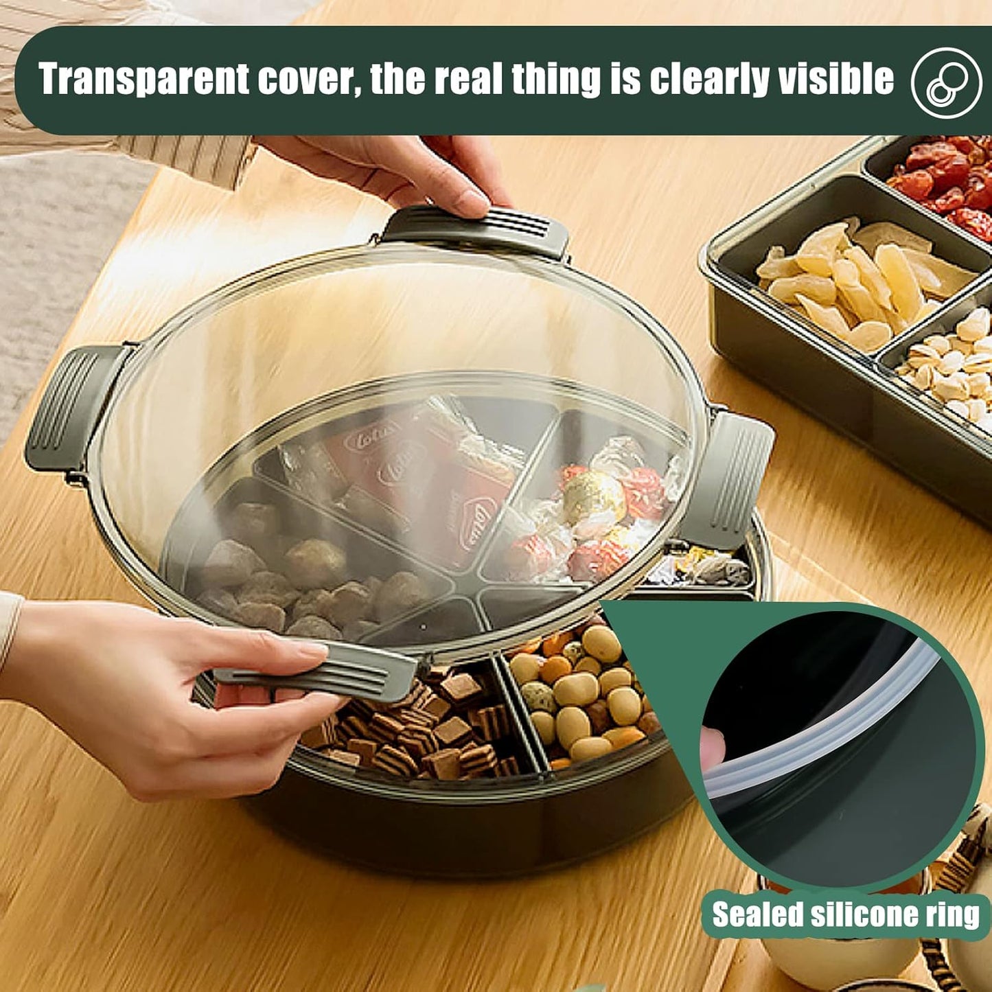 Divided Serving Tray with Lid, Removable Divided Platter Snack Box, Food Storage Charcuterie Containers with 5 Compartments for Christmas Party, Veggies, Snack, Fruit, Nuts, Candy, Cracker, Chip