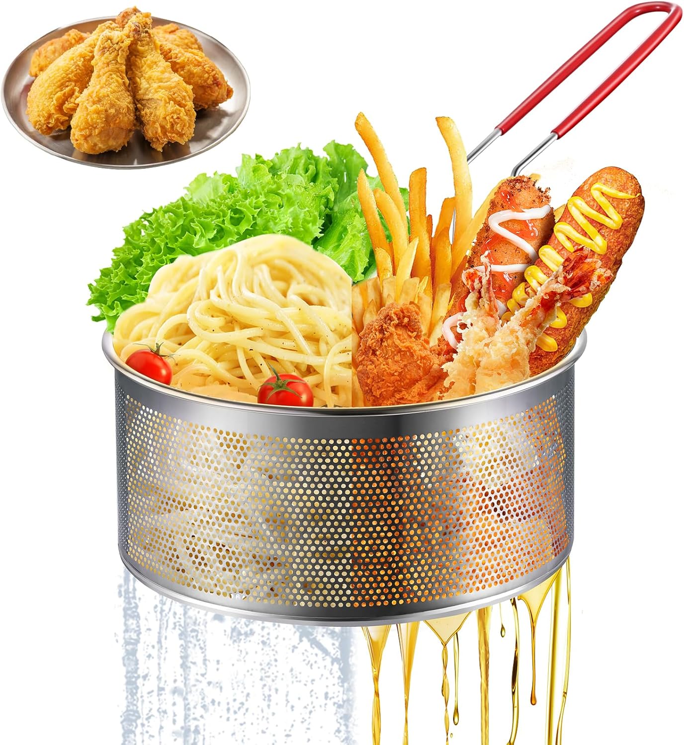 Deep Fryer Basket Only, 7''x4'' Colander with Silicone Handle,Round Stainless Steel Fry Baskets, Heat Resistant for Frying French Fries Cooking Noodles Vegetables, Ideal for Gift, 2.3-Quart