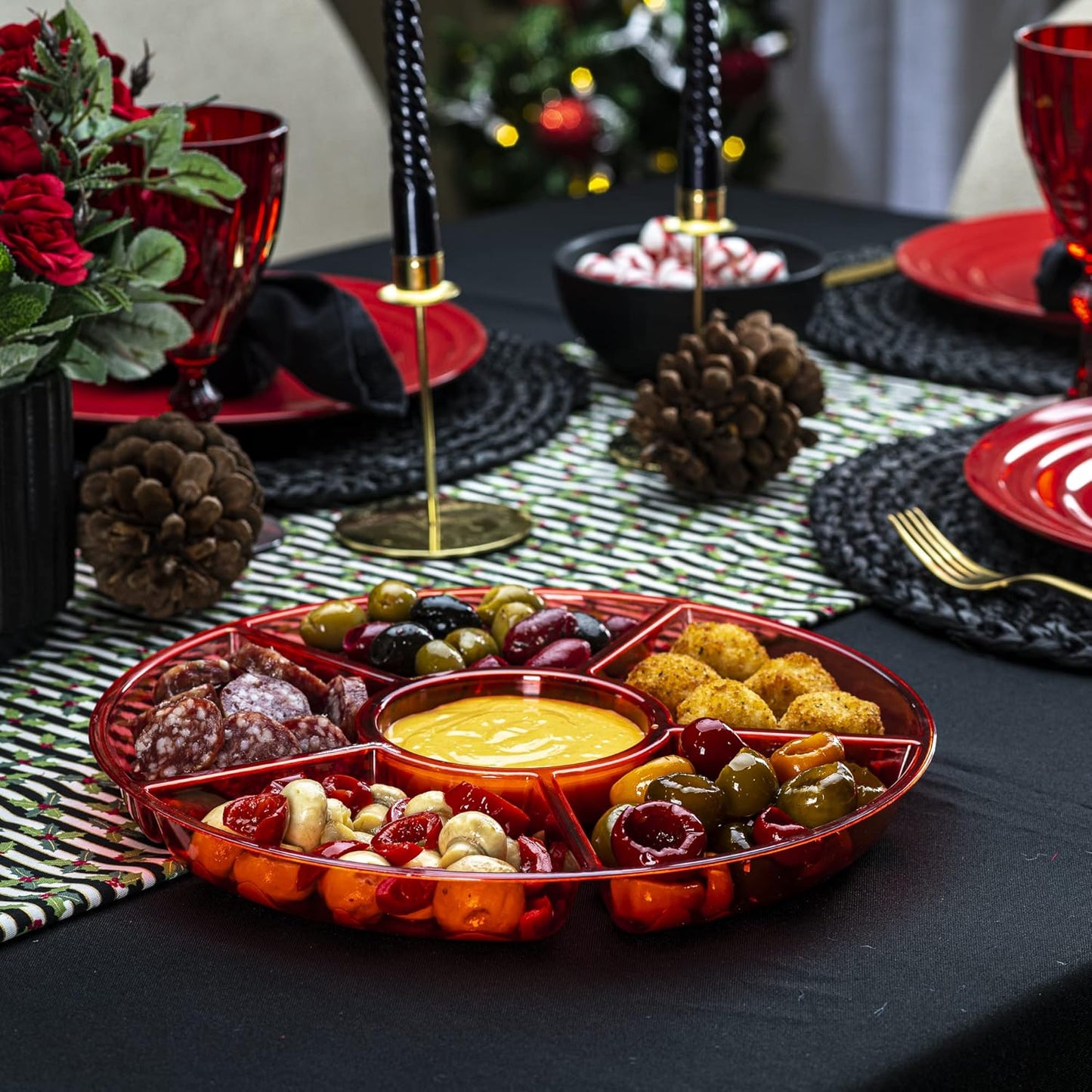 Plasticpro 6 Sectional Round Plastic Serving Tray/Platter (2, Red)