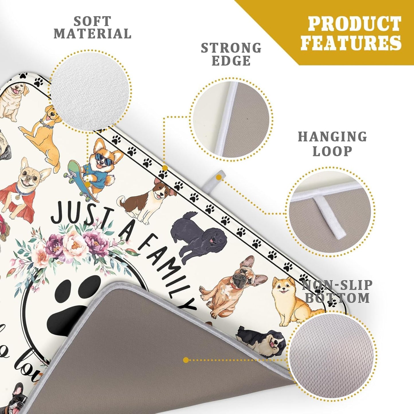 Dog Family Dish Drying Mat Cartoon Pet 18 X 24 in Absorbent Printed Drying Pad for Dog Lover