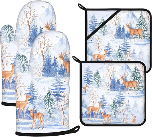 Deer Mitts and Pot Holders Sets 4Pcs,Extra Long Oven Gloves Potholder for Kitchen Cooking Baking BBQ 100% Cotton Heat Resistant