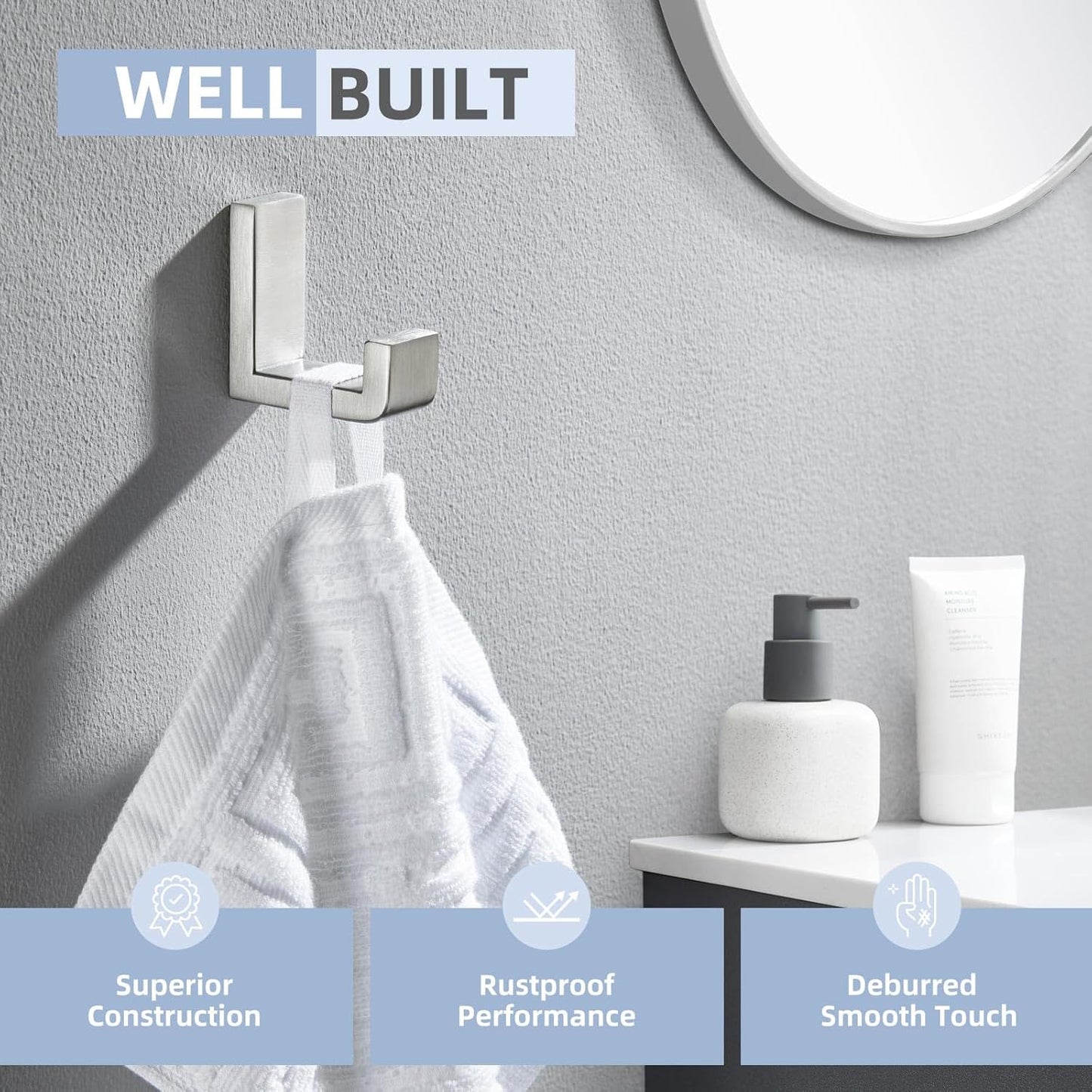 Angle Simple Towel Hook for Bathroom, SUS 304 Stainless Steel Shower Robe Coat Hook for Wall, Brushed Nickel