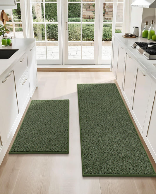 COSY HOMEER Kitchen Rugs Non Slip Washable 24"x36"+24"x60" Absorbent Kitchen Mats for Floor Stain Resistant Kitchen Runner Rug Sets of 2 Kitchen Floor Mats for Sink,Green