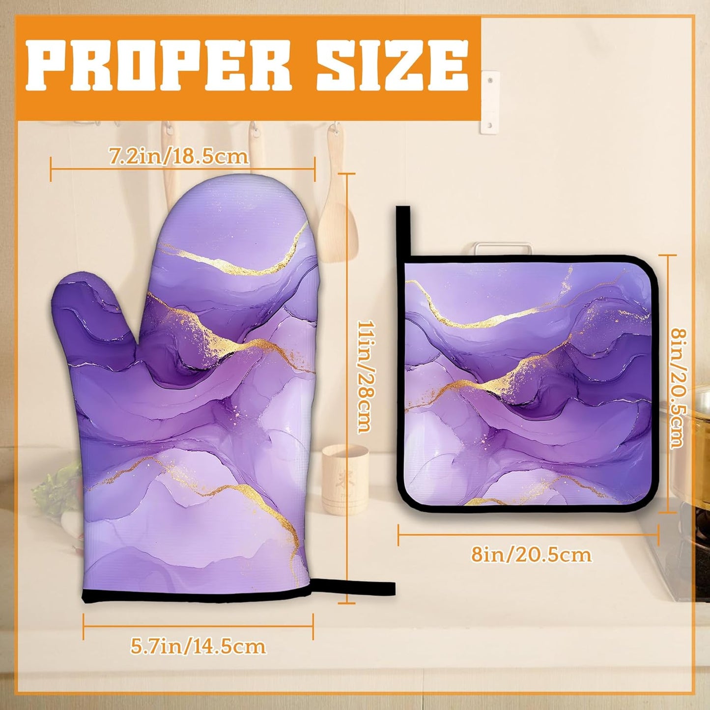 Marble Oven Mitts and Pot Holders Set,Purple Gold Marble Kitchen Decor Heat Resistant Non Slip Hot Pads and Oven Mitt for Chef Cooking Baking BBQ Mom Girl Gifts(4 Piece Set)
