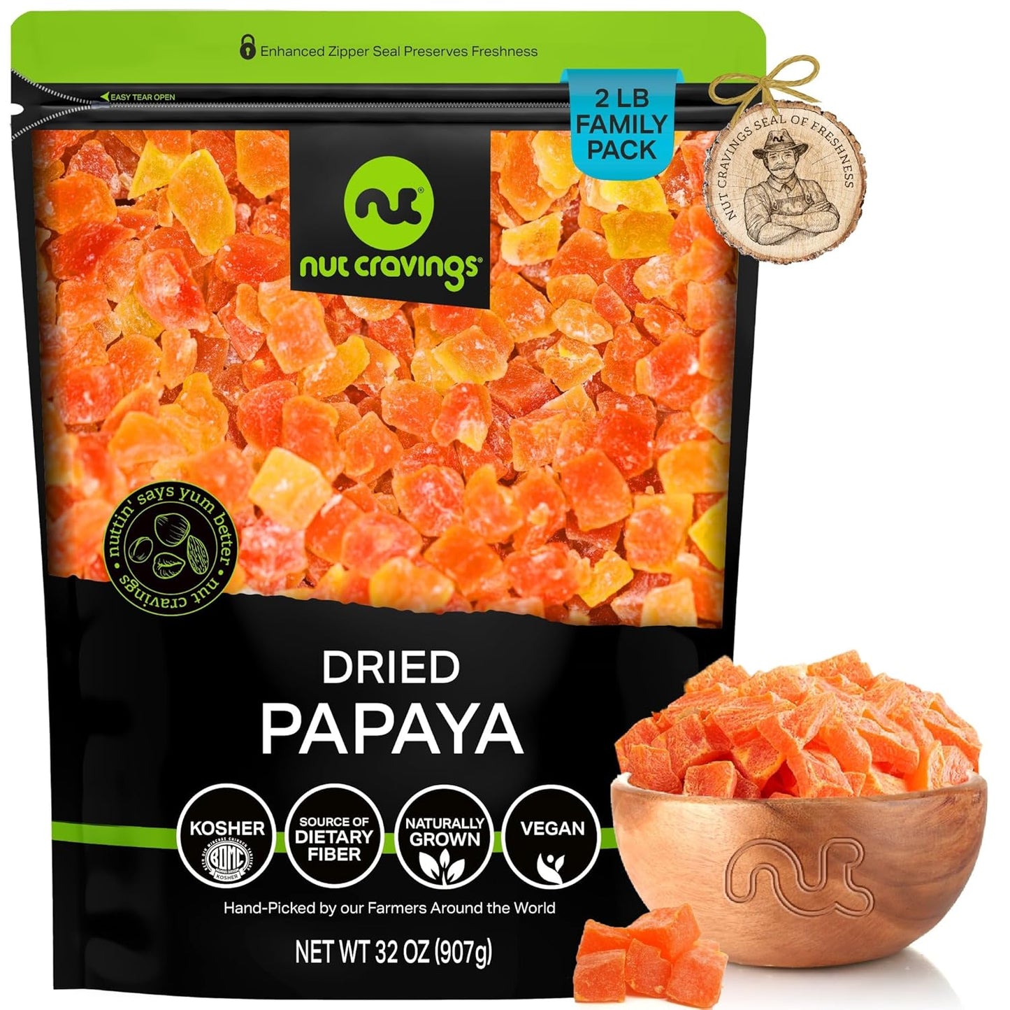 NUT CRAVINGS - Sun Dried Papaya Chunks, Lightly Sweetened (32oz, 2 LB) Bulk Dry Fruits Packed Fresh in Resealable Bag - Sweet Healthy Snack, Naturally Grown, Vegan, Kosher