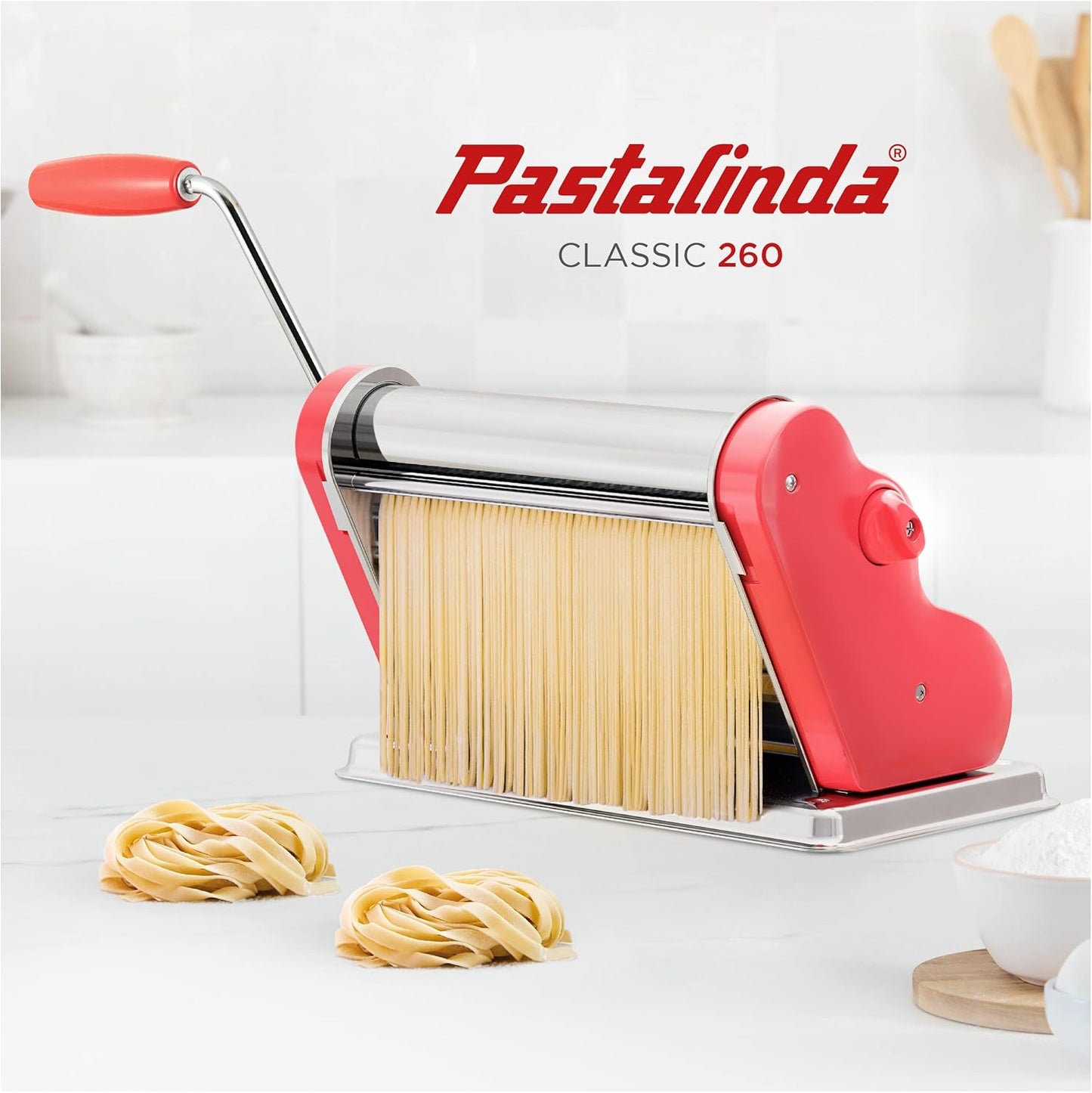 PASTALINDA Classic 260 Pasta Maker Machine, 26 cm Wide Rollers, 9 Thickness Positions, 2 Cutting Positions, Stainless Steel. Includes Reinforced Hand Crank And Two Clamps (Coral)