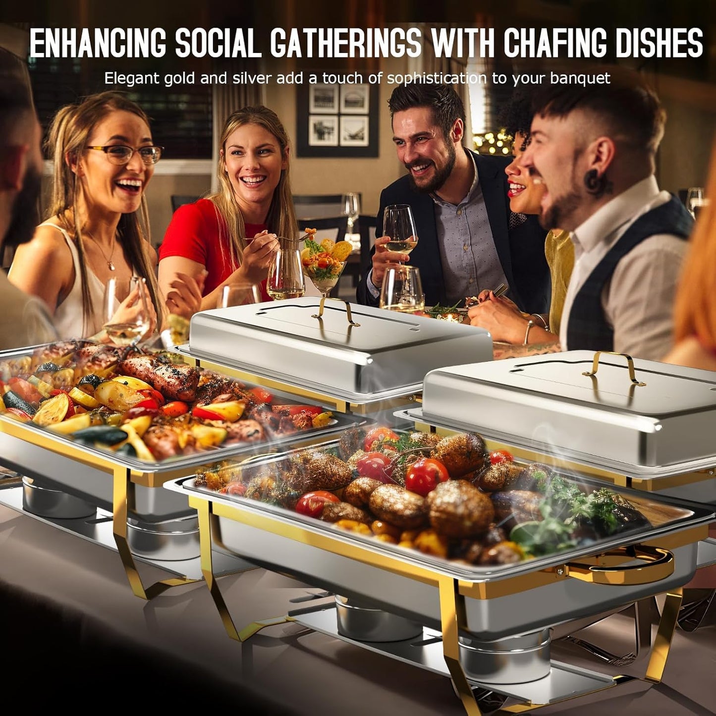 Chafing Dishes for Buffet 2 Pack, [Elegant Gold and Silver] Stainless Steel Chafing Dish Buffet Set, 9QT No-Finger Cut Roll Edge Chafers and Buffet Warmers Sets for Party (Gold 1/2 Panx2)