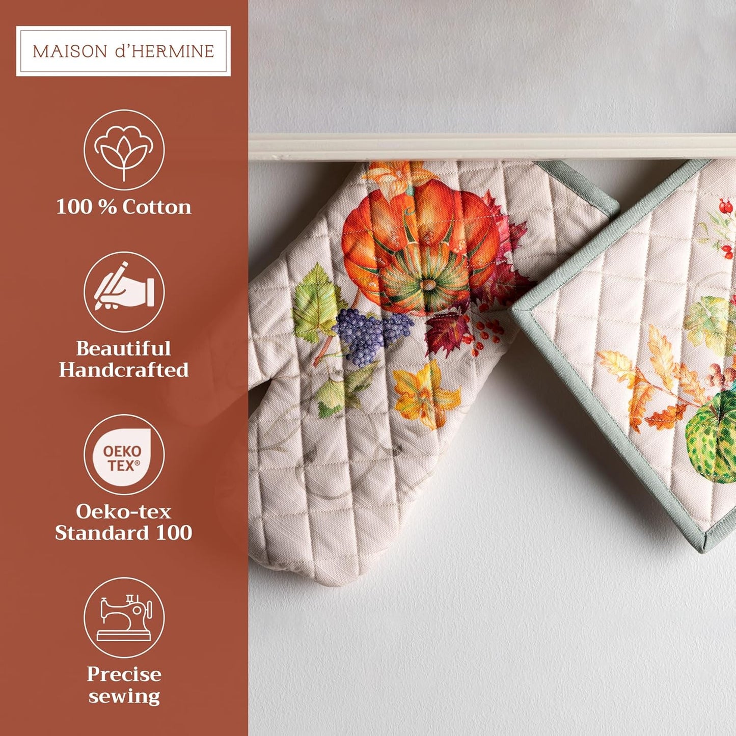 Maison d' Hermine 100% Cotton Oven Mitt & Pot Holder Set (7.5"x13" & 8"x8") Heat Resistant BBQ Cooking Gloves with Loop, Baking, Grilling, Kitchen, Handling Hot Pans (Lumina)