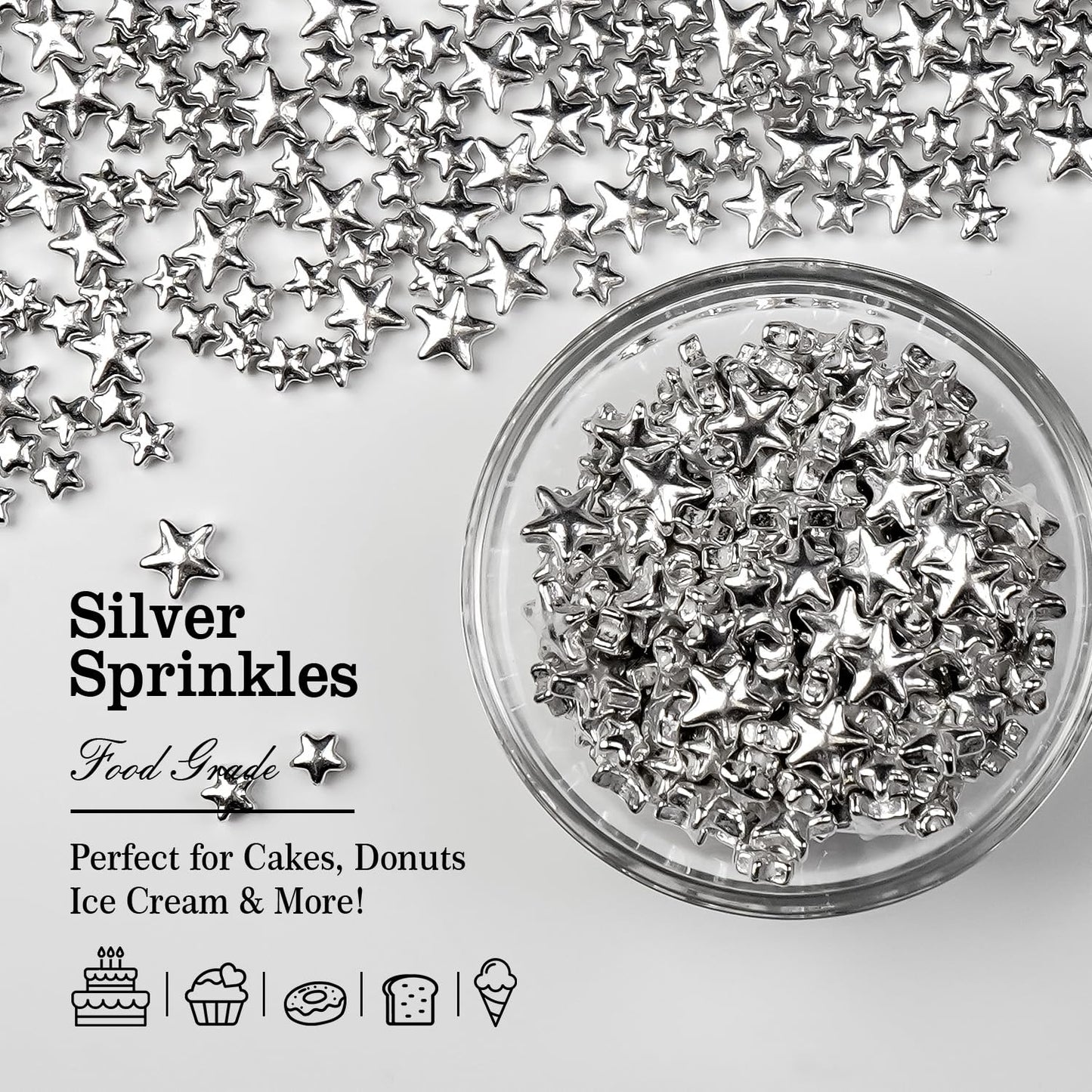 Silver Sprinkles for Cake Decorating, Star Candy Sugar, Mix Size, 150g/5.29oz, Food Grade, Cake Decoration, Cupcake Topper, Holiday, Party, Wedding Party, Birthday, Easter, Christmas Supplies