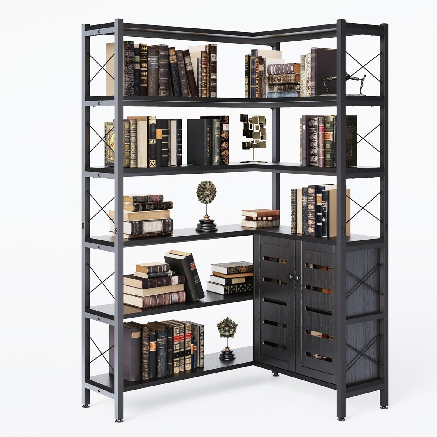Corner Bookshelves and Bookcases Industrial Corner Etagere Bookcase L Shaped Shelf 6 Tiers with Metal Frame for Living Room Home Office