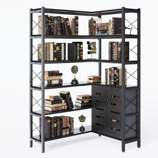 Corner Bookshelves and Bookcases Industrial Corner Etagere Bookcase L Shaped Shelf 6 Tiers with Metal Frame for Living Room Home Office