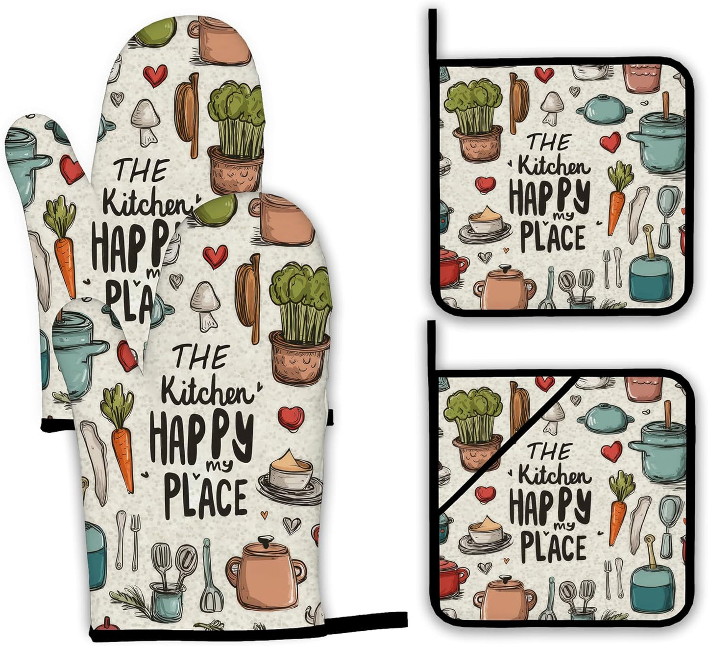 Oven Mitts and Pot Holders,The Kitchen is My Happy Place Heat Resistant Oven Mitts Gloves and Pot Holder for Home Kitchen Decorations Cooking Baking BBQ Gifts,Set of 4
