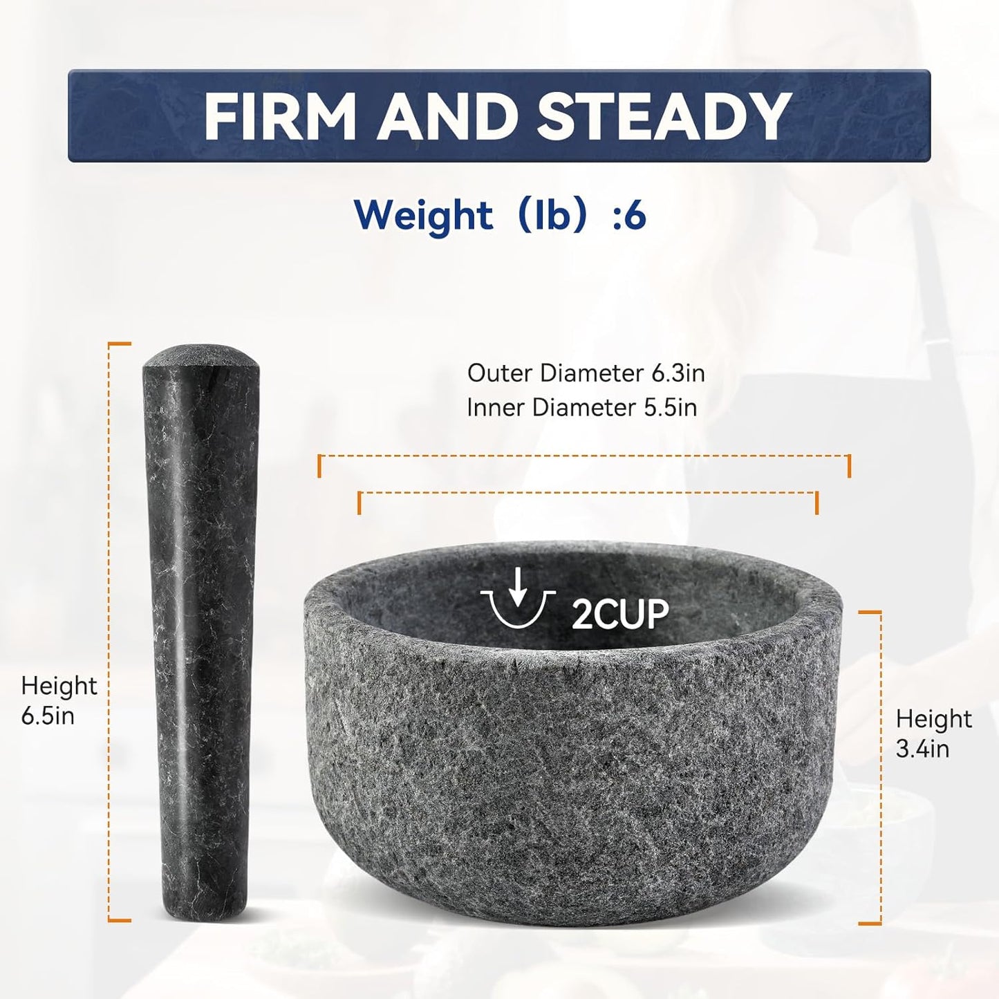 Koville Granite Mortar and Pestle Set, 6.3"-2 Cups Unpolishesd Stone Grinder Bowl for Guacamole, Salsa, Pill Crusher, Spice, Herb, Garlic, Nut, Heavy Duty Grinder for Kitchen(Angola Silver Black)