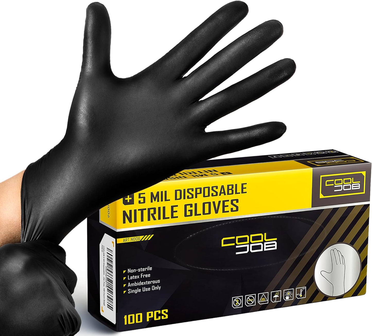 COOLJOB 5 Mil Black Disposable Nitrile Gloves for Men, Heavy-Duty for Household Cleaning, Cooking, Working, Powder Free, S-XL