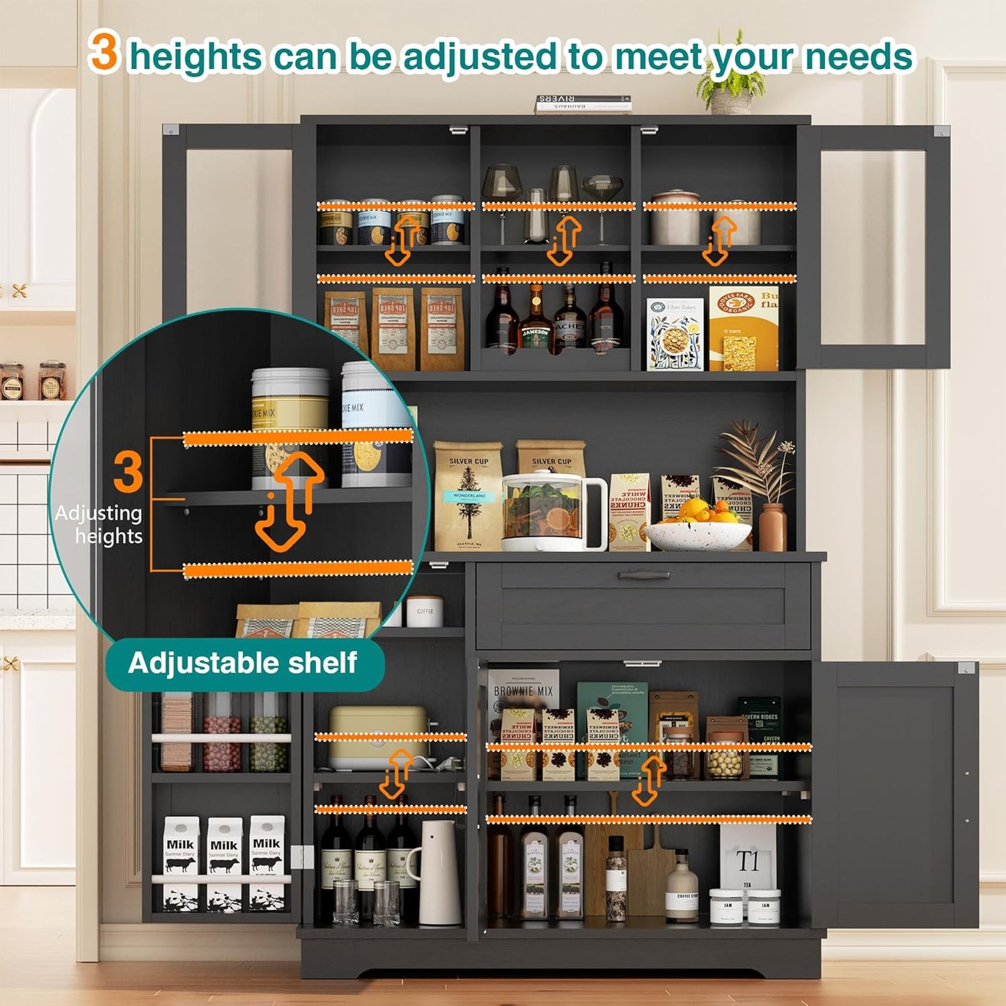 Vongrasig Tall Pantry Cabinet, Kitchen Pantry Storage Cabinet with Microwave Stand,Farmhouse Kitchen Hutch with Adjustable Shelves for Living Room, Dining Room, Black