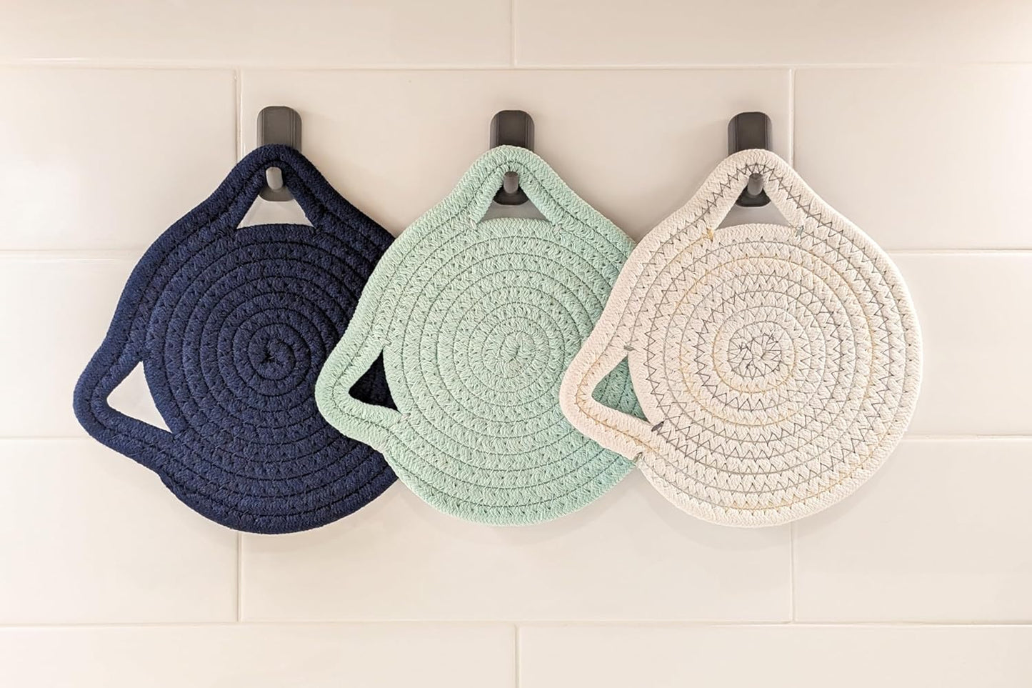 7” Cat Trivet 3 Piece Set - Sturdy Thick Cotton Hot Pad Placemat - for Kitchen and Dining - Cute Kawaii Kitten Design - Kitchen Accessory Gift (Blue & White)