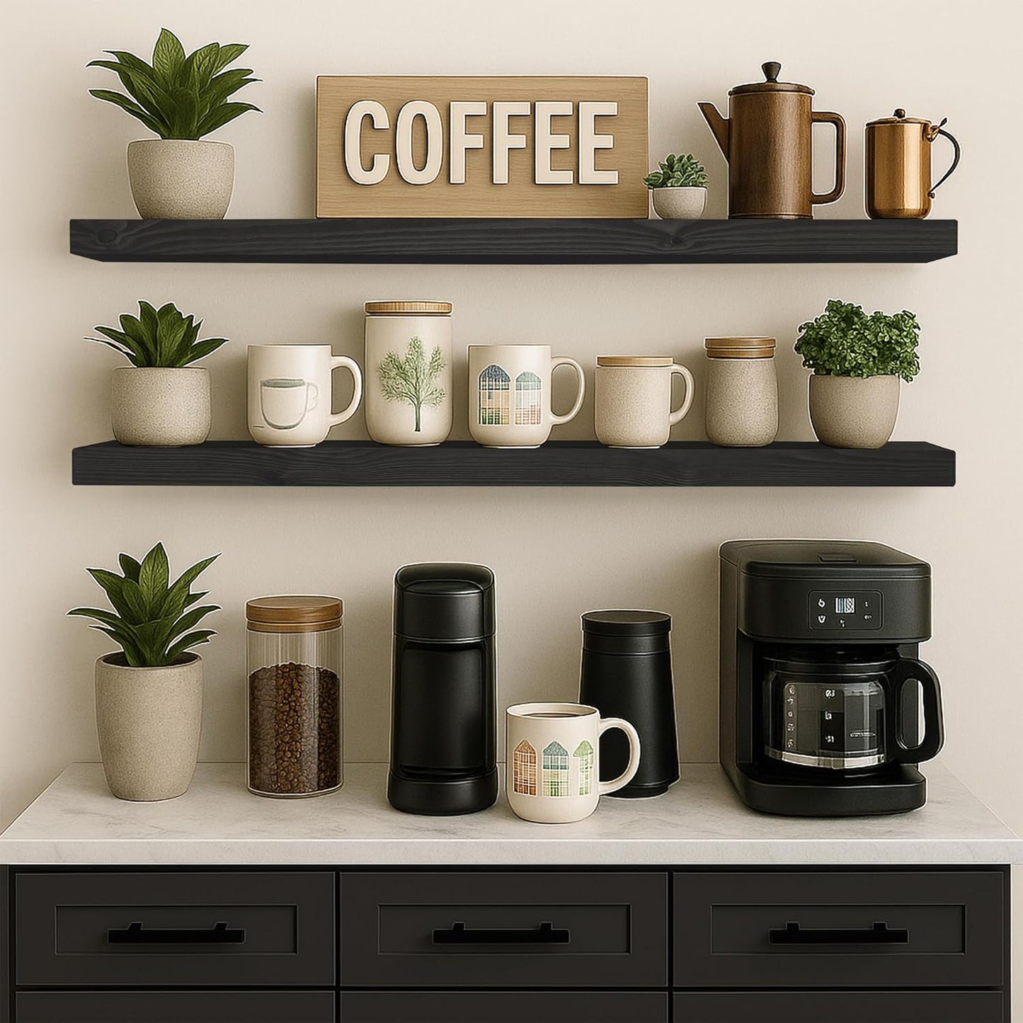 60 inch Black Floating Shelves for Wall 8 -inch deep Set of 2, Heavy Duty Solid Wood Wall Mounted Shelves for Living Room Kitchen with Thickened Hidden Bracket