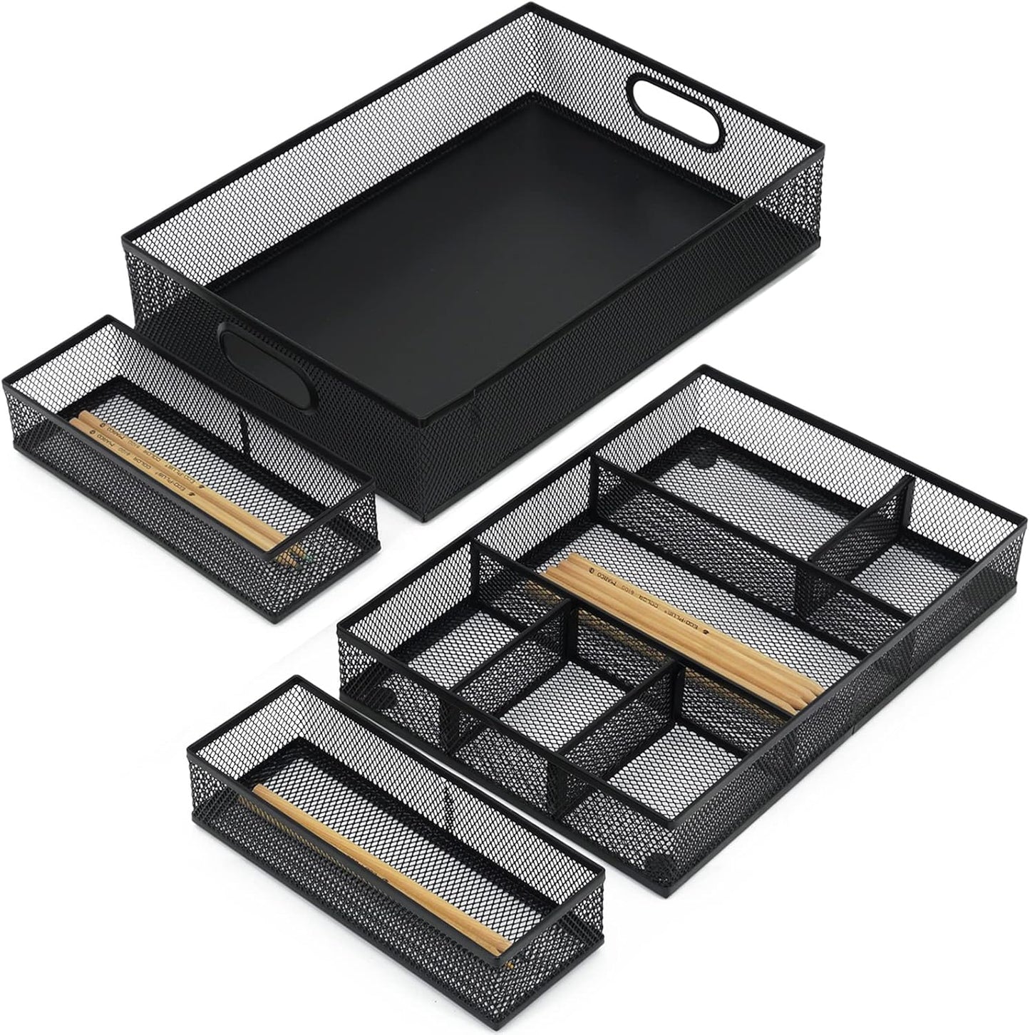 Neudeco Desk Drawer Organizer with 6 Adjustable Dividers, Metal Pen organizer for desk drawer,Mesh Office Desk Drawer Organizer Tray for office supplies (Pack 4, Black)