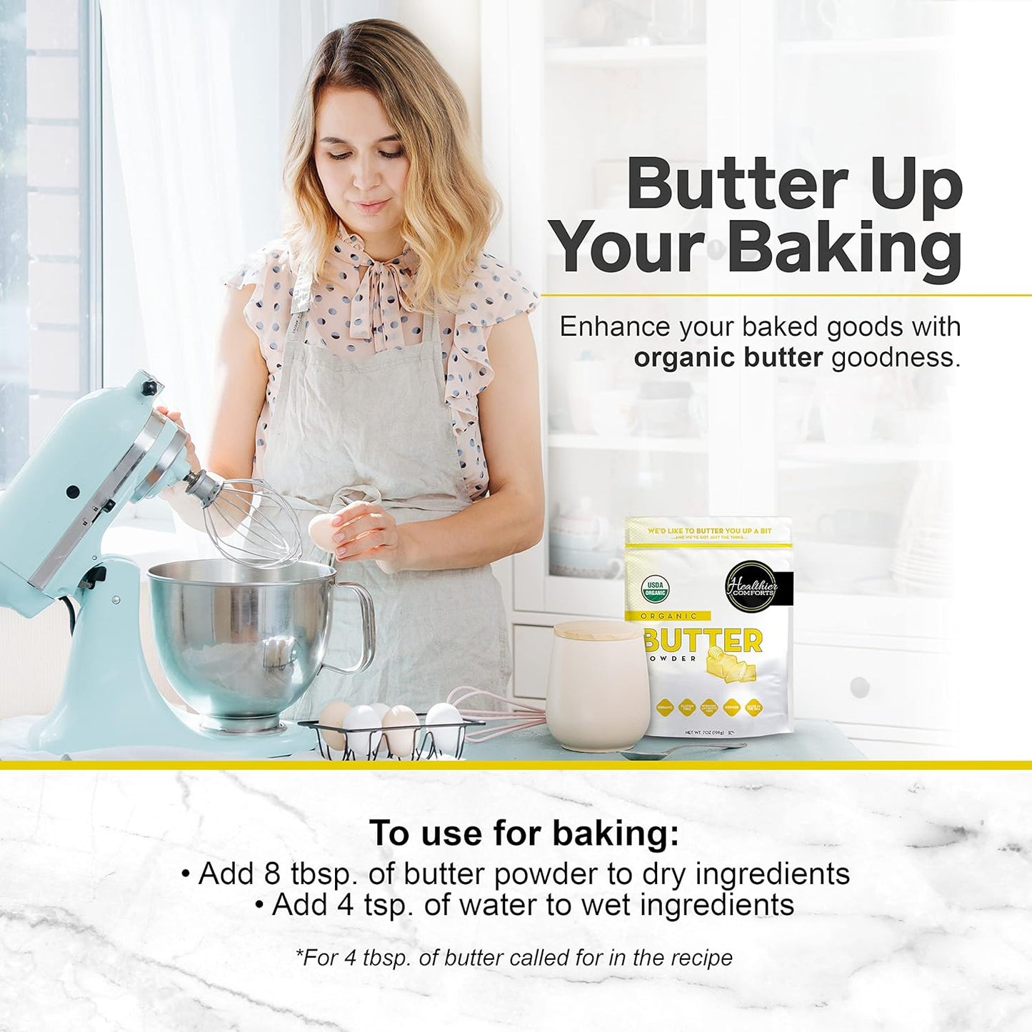 Healthier Comforts Organic Butter Powder | USDA Certified Organic Dehydrated Unsalted Butter | Kosher, Gluten Free, Non-GMO | Popcorn, Baking, Seasoning 7oz