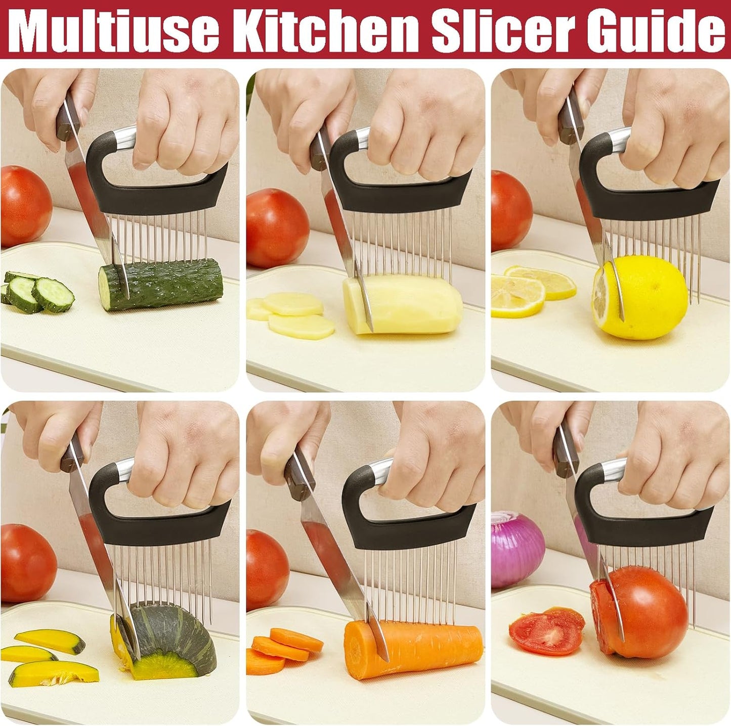 Onion Slicer with Protective Cover - Stainless Steel Cutter for Slicing Tomatoes, Potatoes, Avocados - Multiuse Vegetable Chopper and Meat Tenderizer