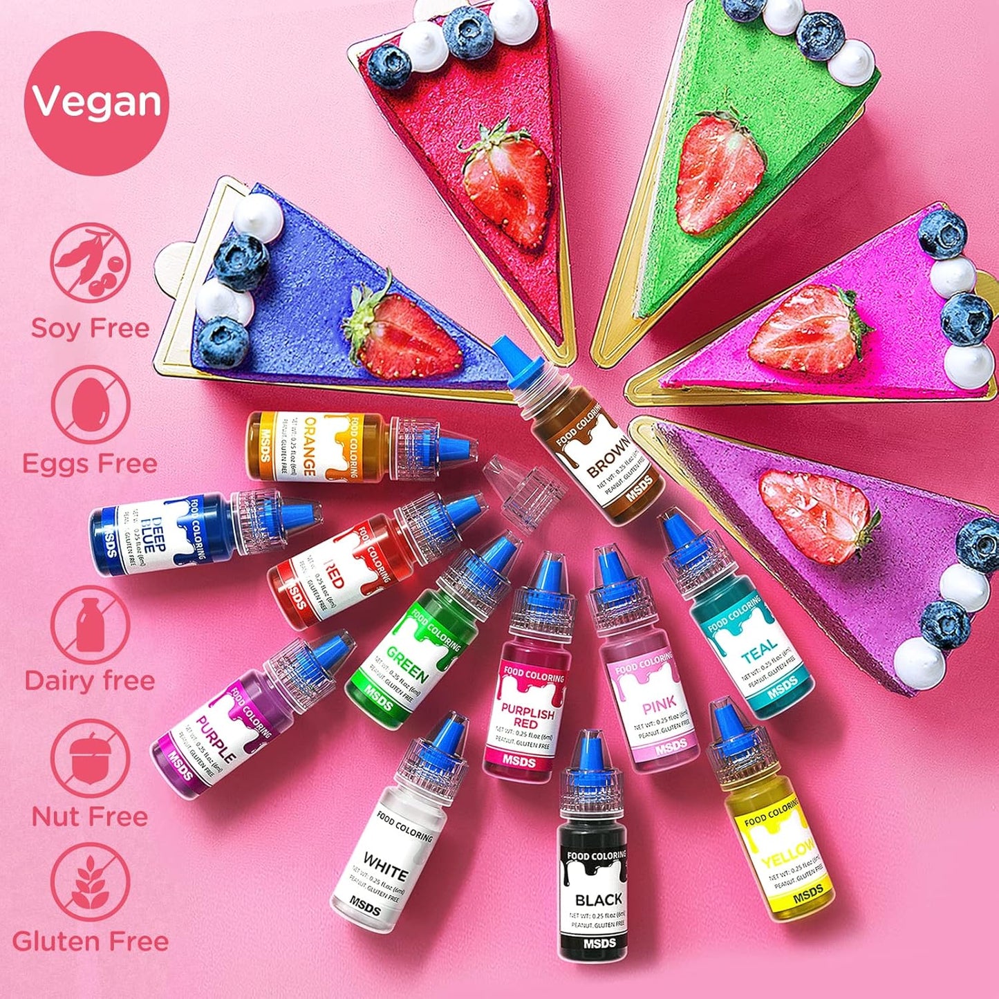12 Color Food Coloring Set - Vibrant Liquid Food Colors Frosting Dye Tasteless for Baking, Cake Decorating, Easter Egg, Royal Icing, Fondant, Macaron - 0.25 Fl. Oz Bottles