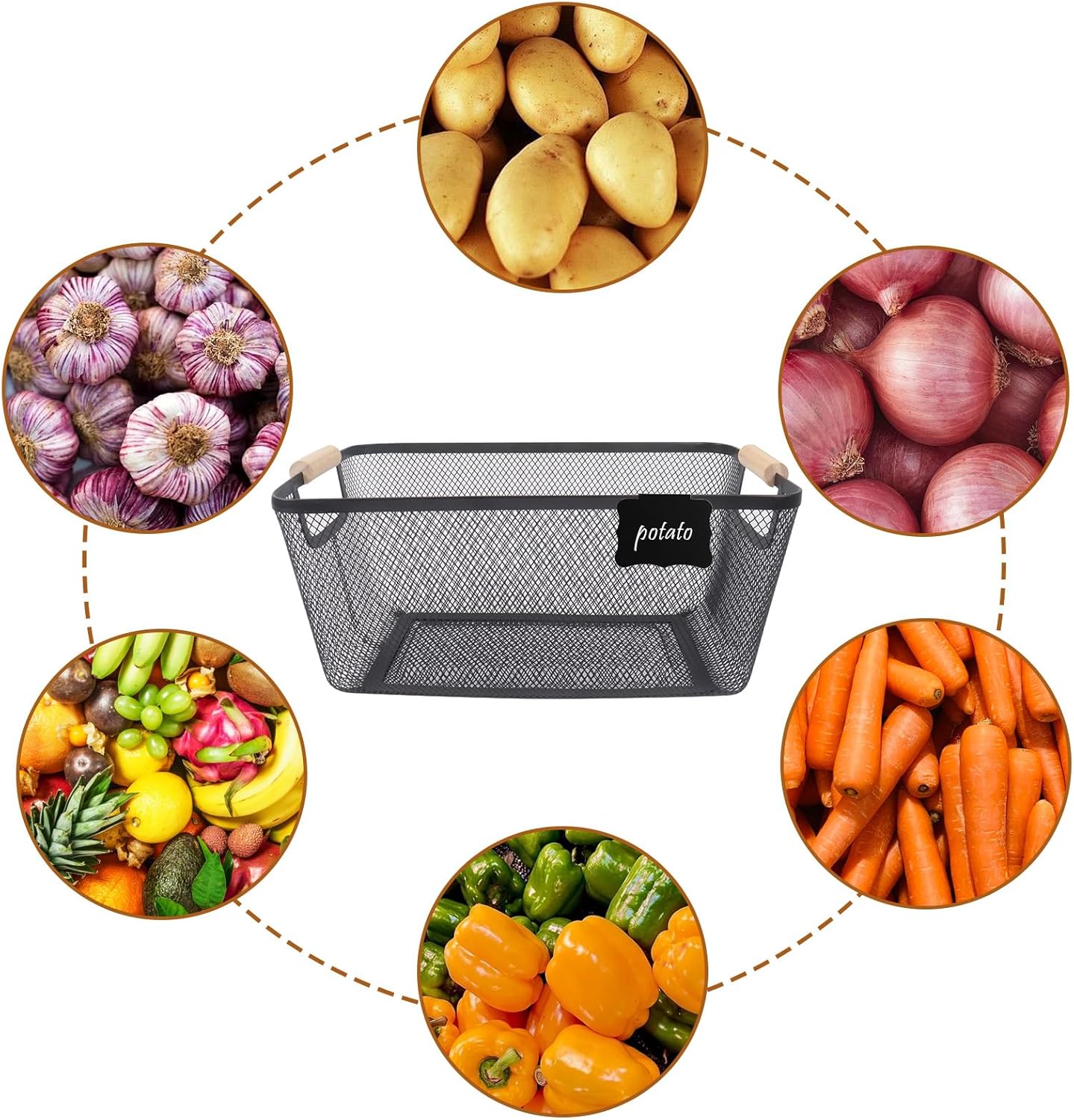 Potato and Onion Storage Bin, 2 Set Potato Bin Storage and Onion Container with Wooden Handle, Pantry Kitchen Organization and Storage, Metal Mesh Baskets for Fruit, Vegetable, Produce-Black