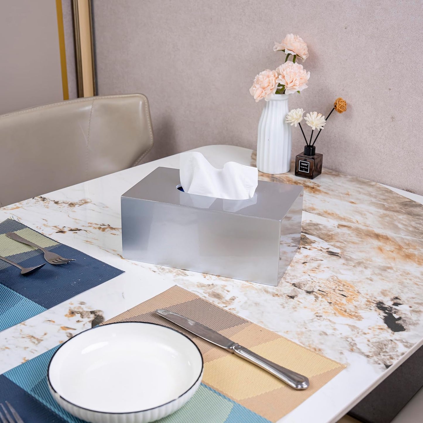 PEMAR Rectangular Lacquer Tissue Box, Handmade Rectangle Tissue Holder Decorative Napkin Dispenser Organizer Rustic Farmhouse Vintage Decor (Silver)