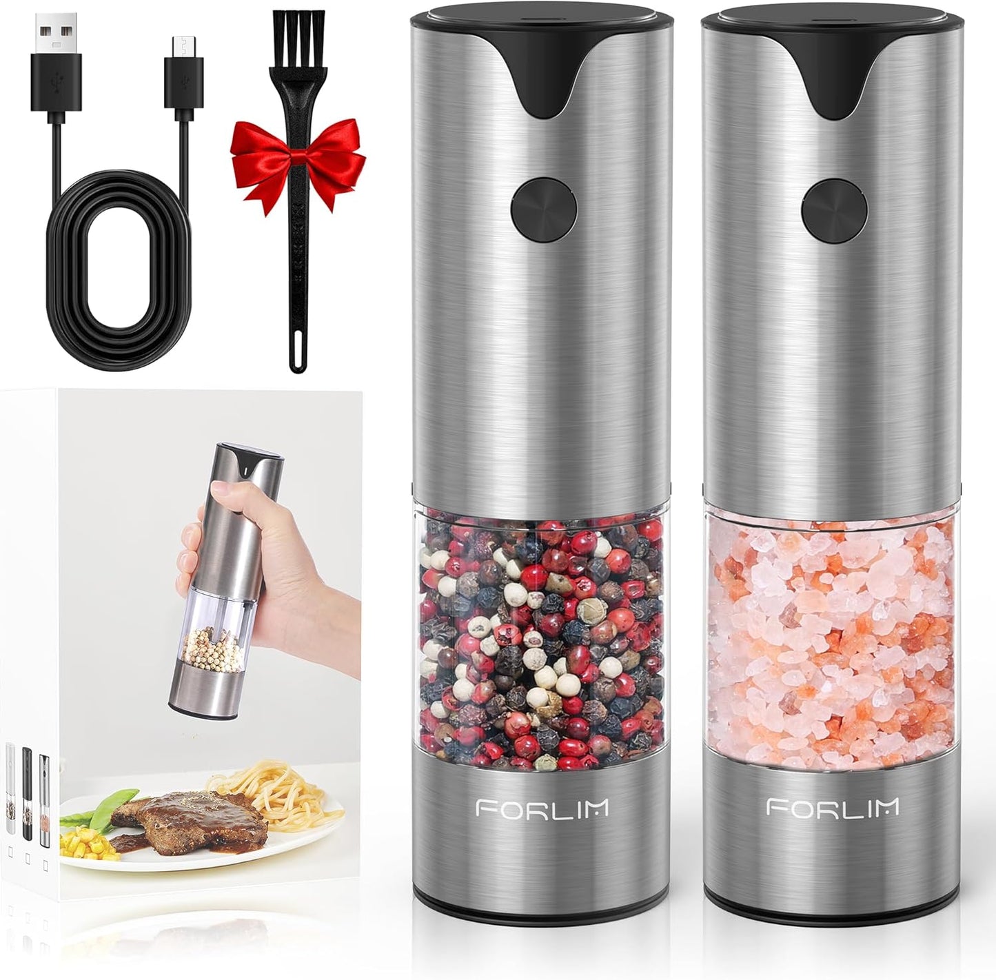 FORLIM Electric Salt and Pepper Grinder Set, USB Rechargeable, Automatic Salt Pepper Mill Grinder with Dust Cover, One-Button Control, Adjustable Coarseness, Warm LED Light (2 Packs, Stainless Steel)